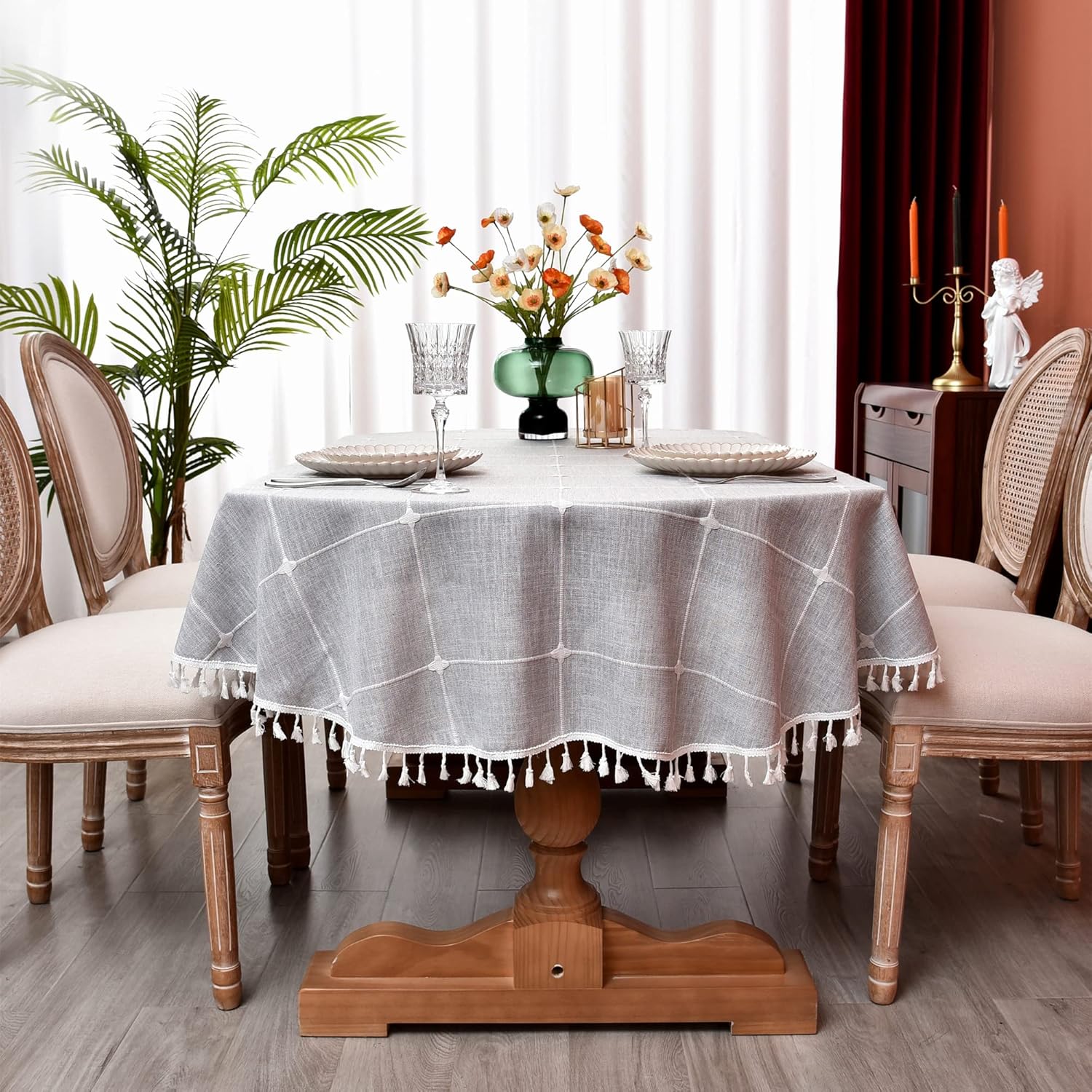 Monibana Plaid Farmhouse Gray Oval Tablecloth Cotton Linen