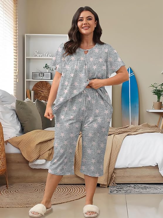 Heat Move Plus Size Pajamas Sets for Women 2 Piece Soft Sleepwear Short Sleeve Top and Capri Pant Pjs Loungewear with Pockets