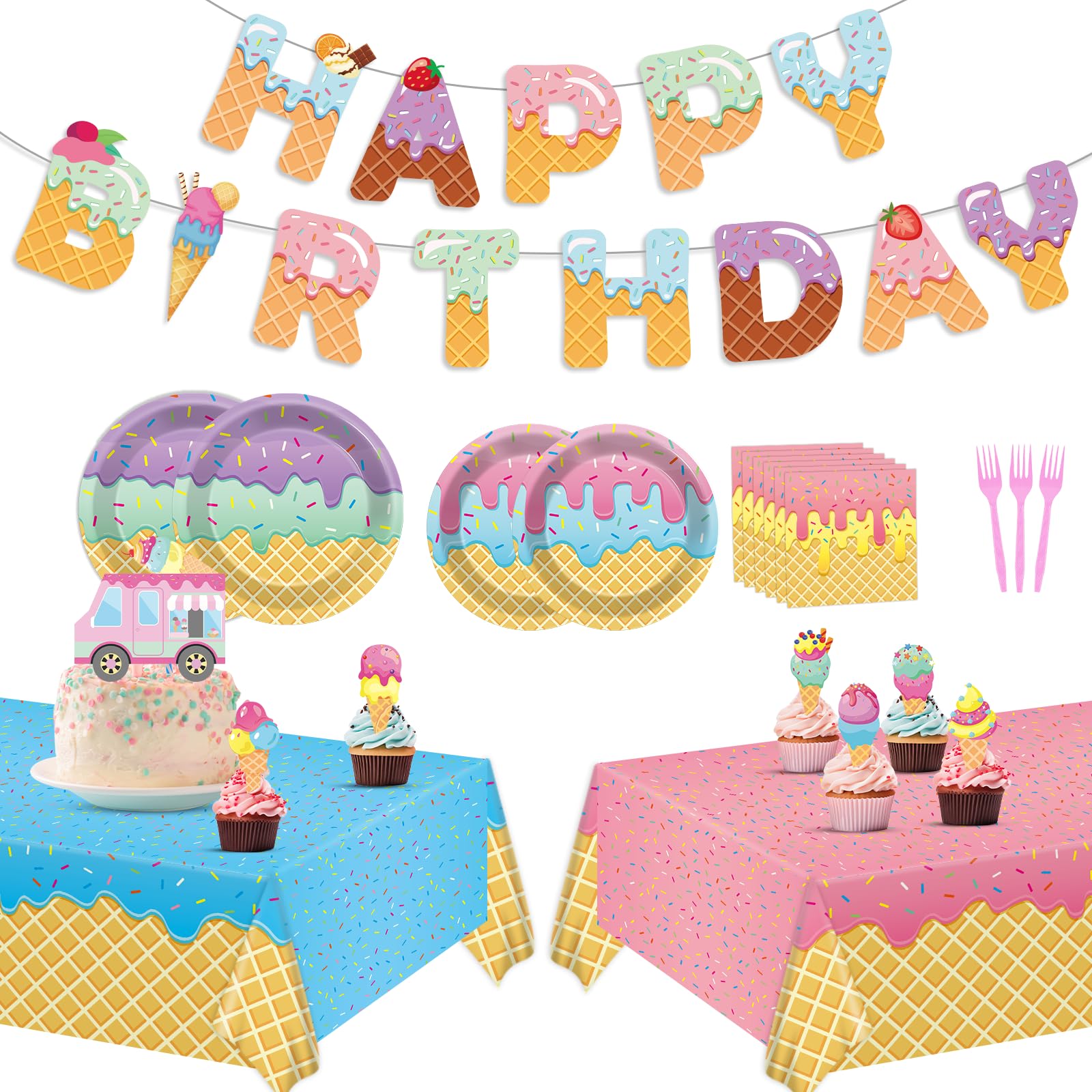 Lonfliness 132Pcs Ice Cream Party Decorations Set Ice Cream Party Supplies Tableware Kit Paper Plates, Napkins, Tablecloth,Banner for Kids Girls for Party , Birthday, Baby Shower Serve 25