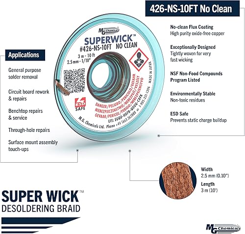 Miniatura 3 de MG Chemicals 426-NS-10FT Super Wick - Trenza desoldadora sin limpieza, 0.01 pulgadas de ancho x 10 pies de largo, seguro ESD