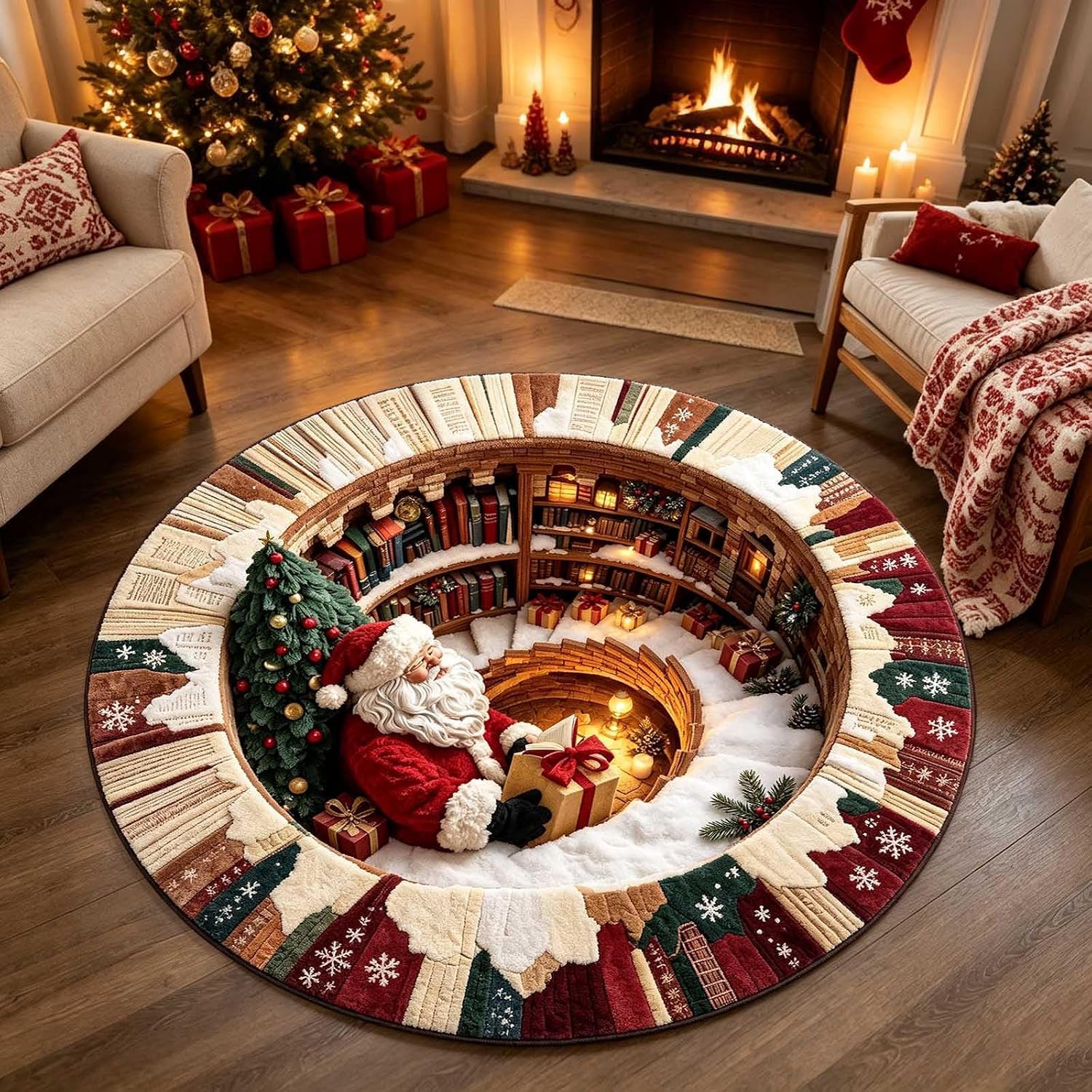 HoldOneLight Christmas 3D Rug 81cm Diameter - Round Non-Slip Optical Illusion Rug | Washable Soft Xmas Carpet for Bedroom, Living Room, Kitchen, Entryway | Santa Claus Holiday Indoor Decor Door Mat