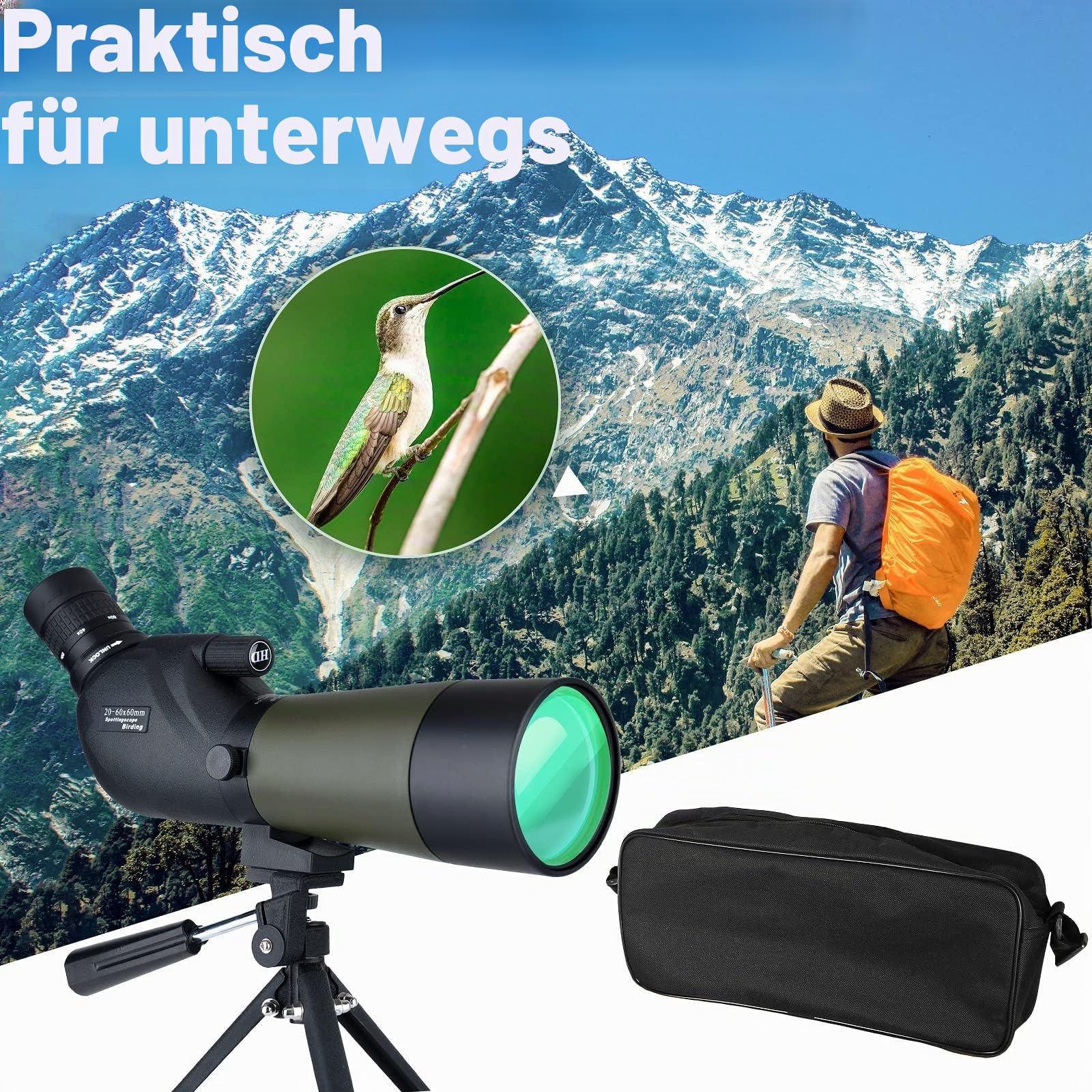Gosky Spektiv 20-60x60mm wasserdicht BAK4 Prismen mit Stativ Digiscoping Adapter