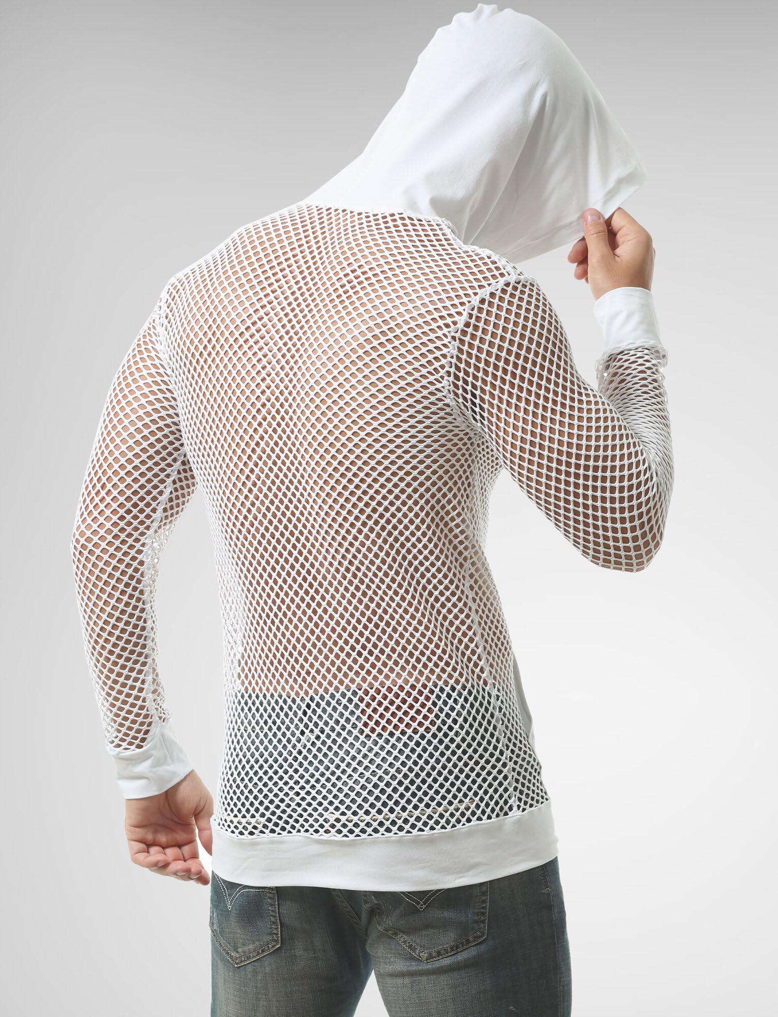 AIEOE Fischnetz Hoodie Herren Transparent Muskel Langarmshirt mit Kapuze Netz Shirts Locker Casual Dünn Sweatshirt Atmungsaktiv Frühling Herbst