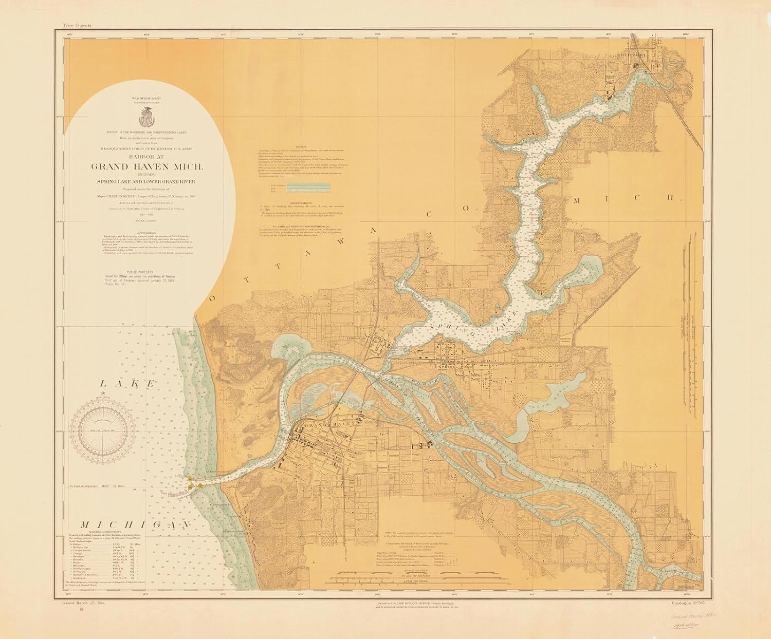 Historic Pictoric Grand Haven, Michigan Nautical Chart 1914 - Spring Lake & Lower Grand River Map Print - 24in x 18in