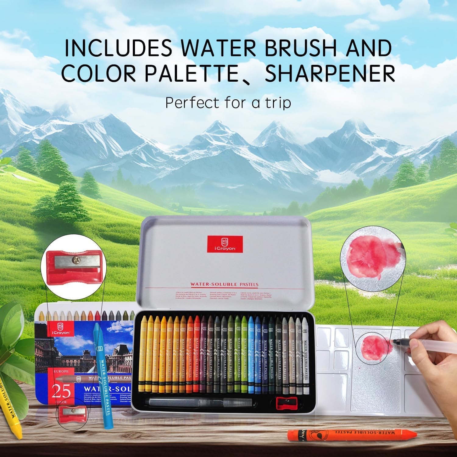 iCrayon 25 Colors Water Soluble Pastels, Watercolor Pastels Set for Beginners and Hobbyists, Includes Sharpener, Palette & Brush for Vibrant Art Creations (Europe)