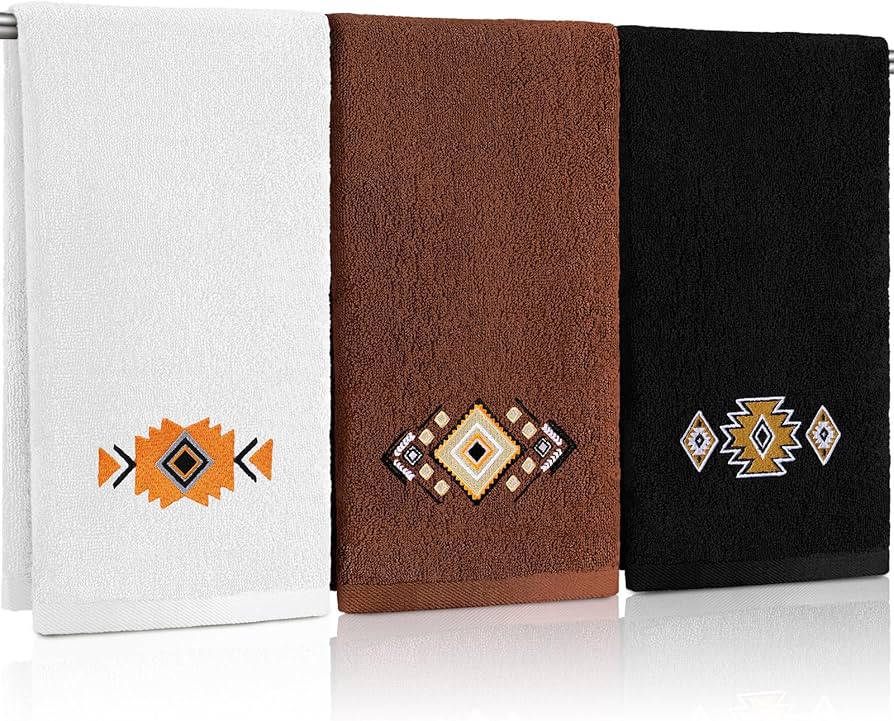 3 Pcs Western Aztec Hand Towels Southwestern Decor Southwest Sunset Embroidered Rustic Boho Decorative Bathroom Towels for Bathroom Kitchen Decor, 100% Cotton, 13.3 x 29.5''