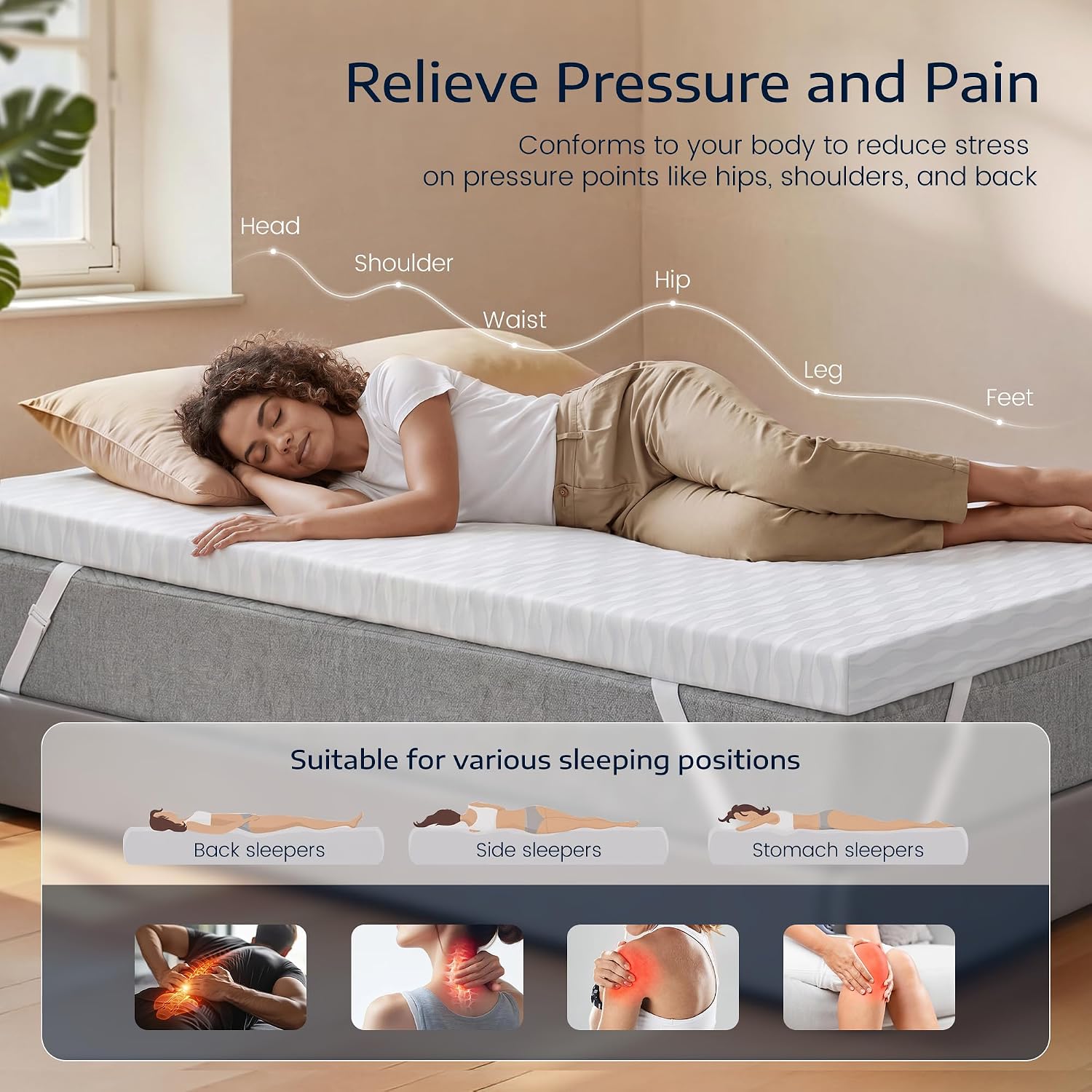 Homkdom 3 Inch Gel Memory Foam Mattress Topper Queen – Oeko-TEX Certified, Cooling Mattress Pad for Back Pain Relief, Non-Slip with Removable & Washable Cover