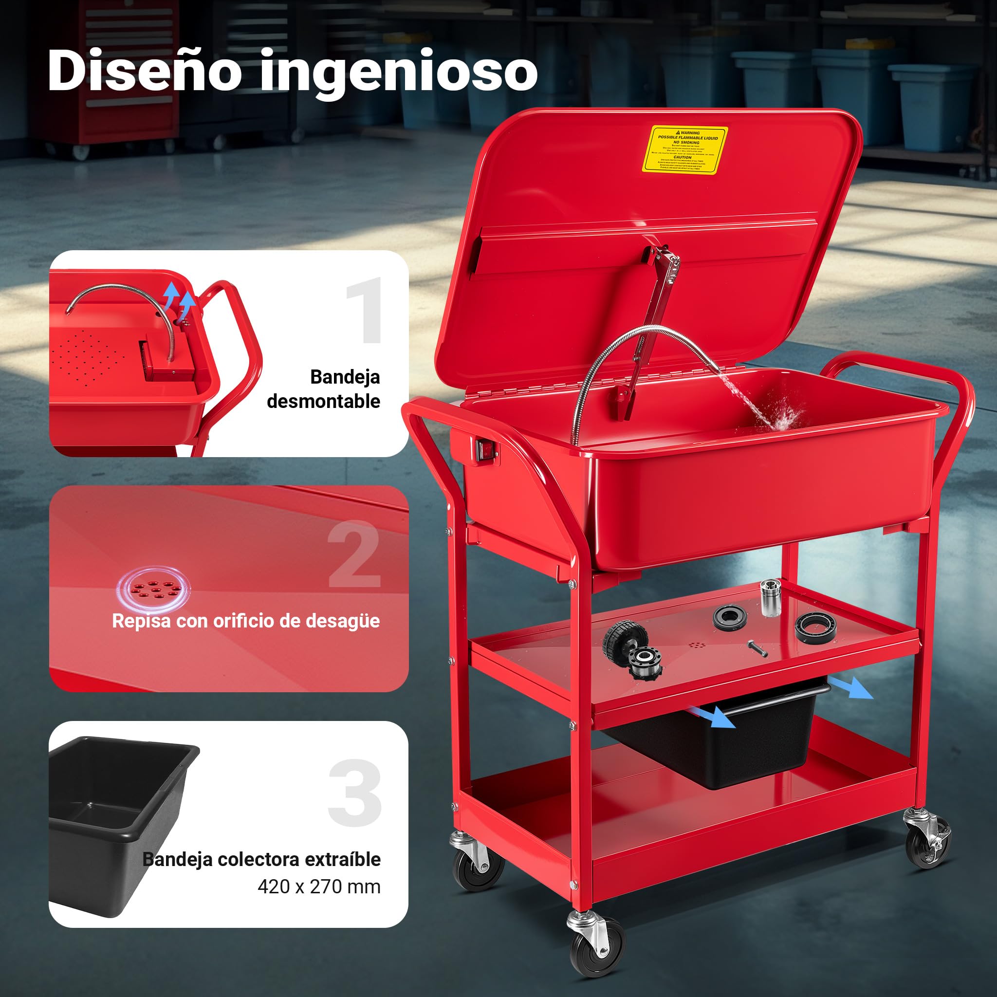 Wiltec Lavadora de piezas de taller fregadero limpiador de piezas dispositivo limpieza lavado componentes Industriales mecánicos con estructura de carrito