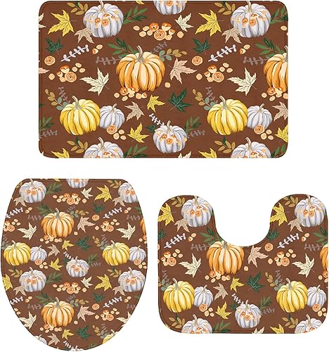 Miniatura 4 de Bathroom Rugs Sets 3 Piece Bath Mat,Pumpkin Maple Leaf Seamless Fall Harvest Soft Non-Slip Bath Rug Set,Absorbent Shower Rugs Toilet Seat Cover