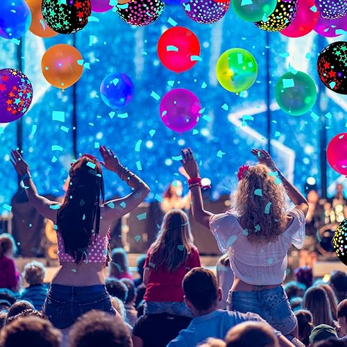 Miniatura 3 de Paquete de 109 globos de neón UV que brillan en la oscuridad, globos de látex reactivos de lunares, luces negras, globos de estrellas fluorescentes