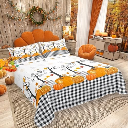 Juego de sábanas de cosecha de calabaza de otoño, tamaño Queen, decoración de habitación de niños y adultos, ropa de cama de cuadros blancos y