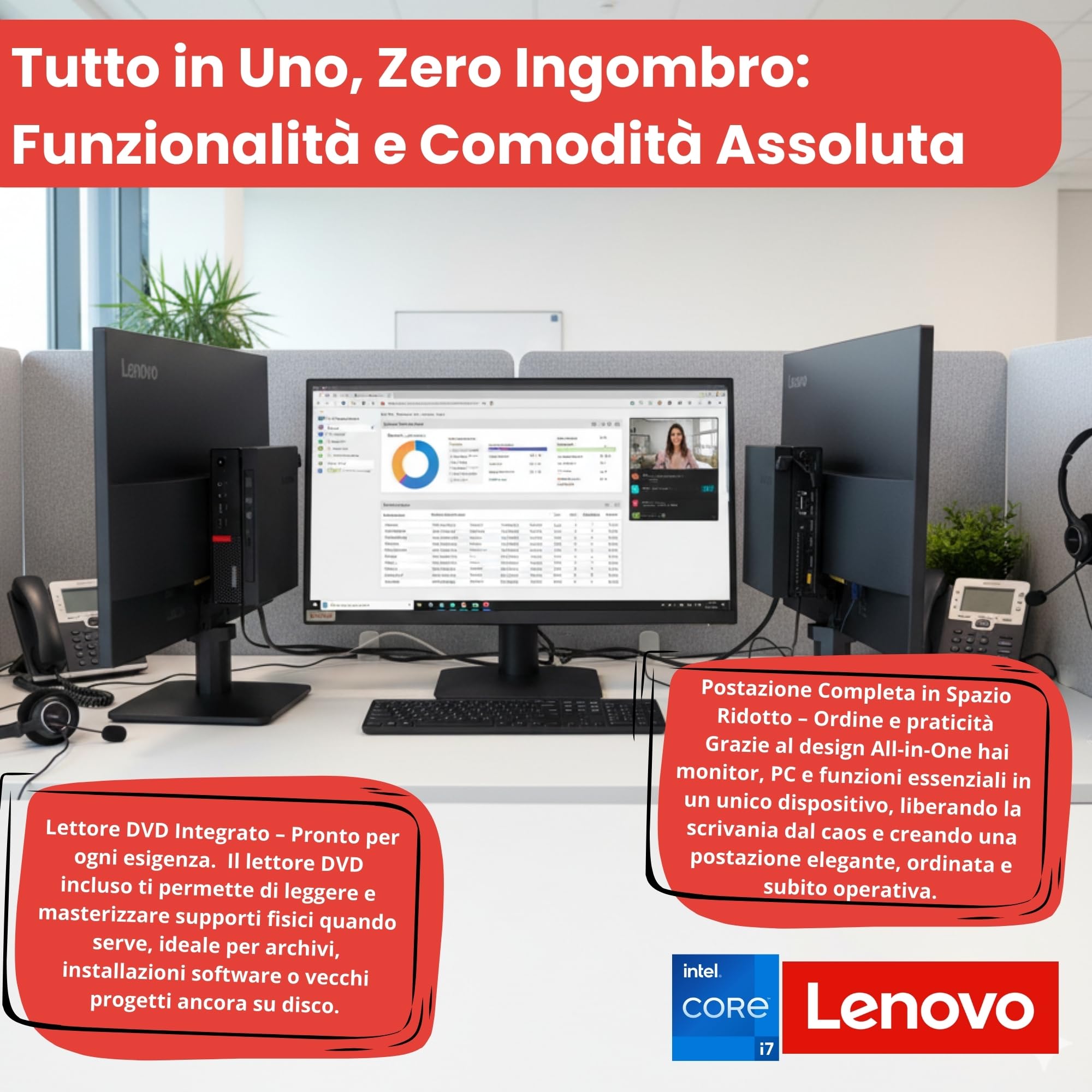 Lenovo Computer 27 Pollici Core i7 Fino a 3,80 GHz 16GB Ram 1000GB SSD Win 11 Pro Office 2021 Pro DvD RW Garanzia 36 mesi