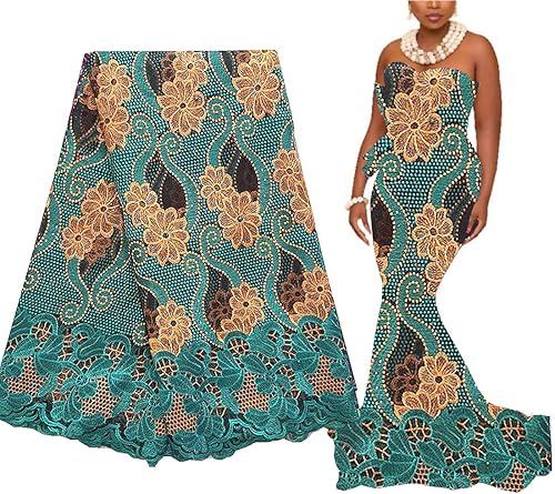 WorthSJLH Tela de encaje francés africano 5 yardas Guipure suizo 2024 encaje nigeriano con cuentas bordado verde LF854 (verde azulado)
