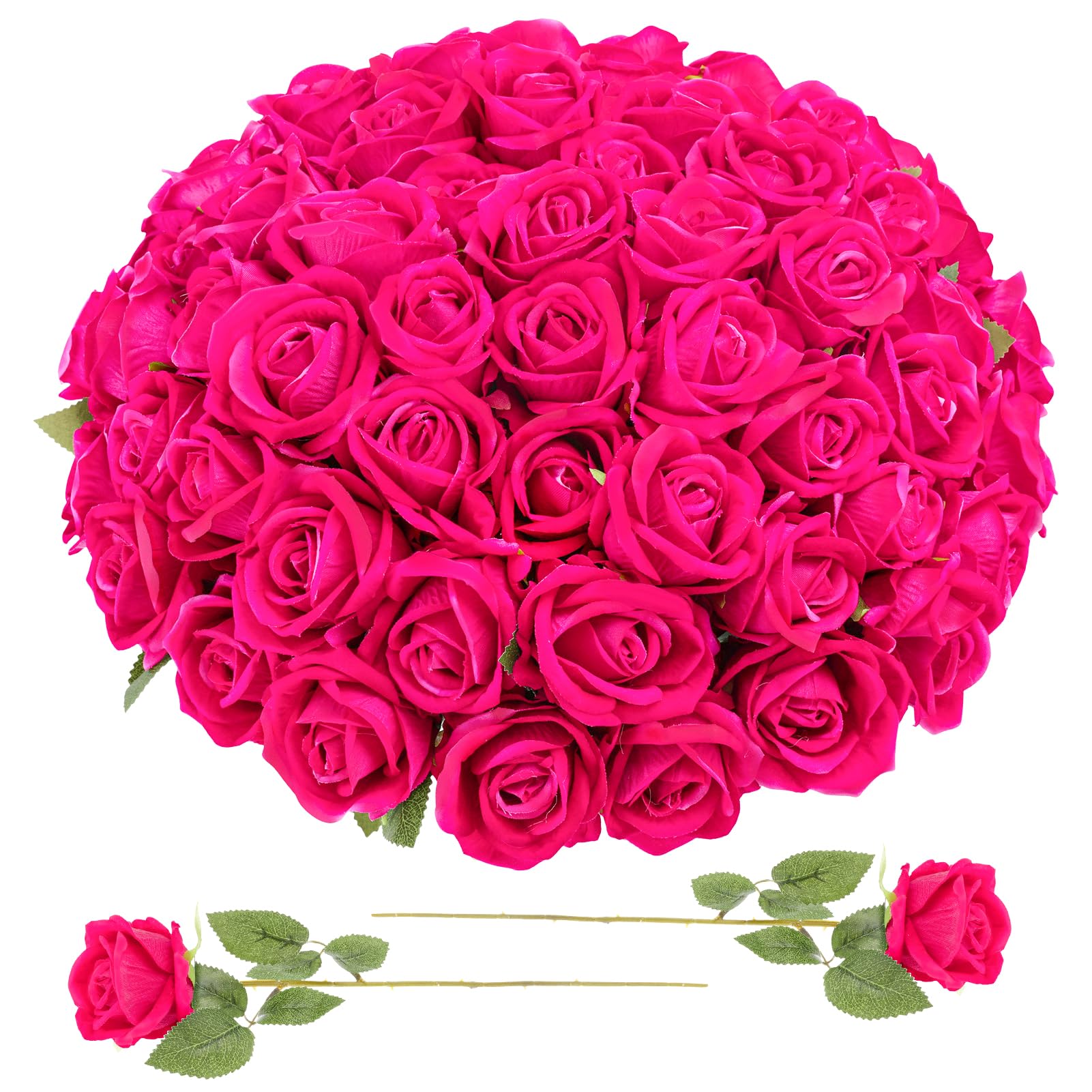 Ovveroche 90 Pcs Hot Pink Velvet Rose Artificial Flowers with Long Stems, Fake Silk Roses Real Touch Fake Roses Florals for Birthday Wedding Bouquet