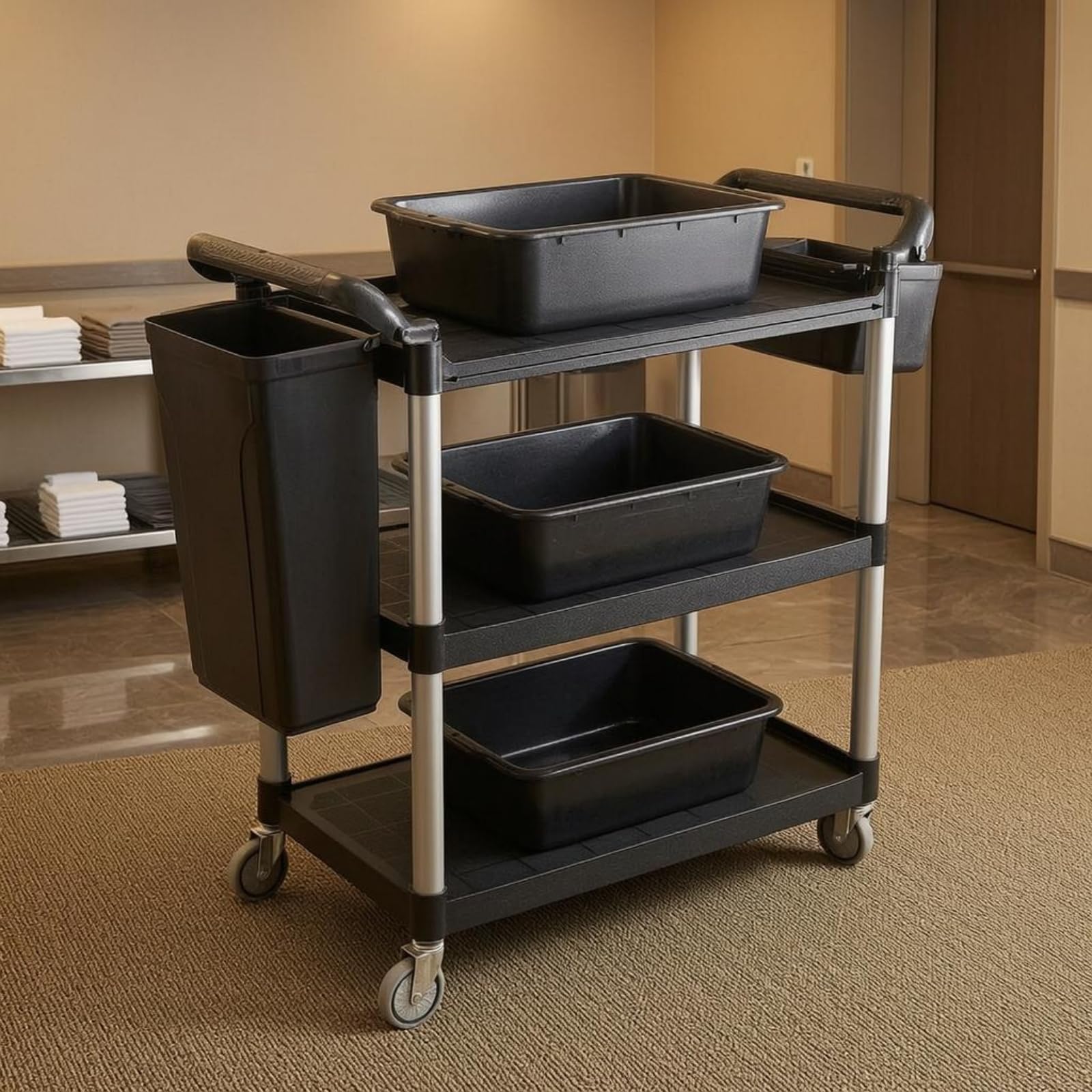 predolo Carro Camarero Triple Niveles Gran Capacidad Carro Servicio con Ruedas Multiuso Mueble Rodante para Restaurante, Gris, Grande, Tres Cubetas, Dos Cubos, Ruedas Silenciosas