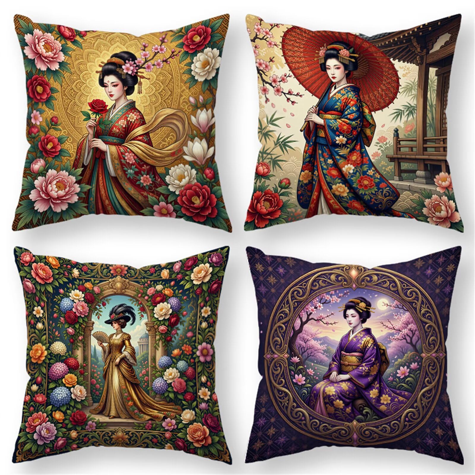 Fundas de Cojines 60x60 cm, Juego de 4 Fundas para Cojines Decorativas de Lino, Niña Las Flores, Fundas de Almohada para Sofá, Silla y Decoración de Interiores