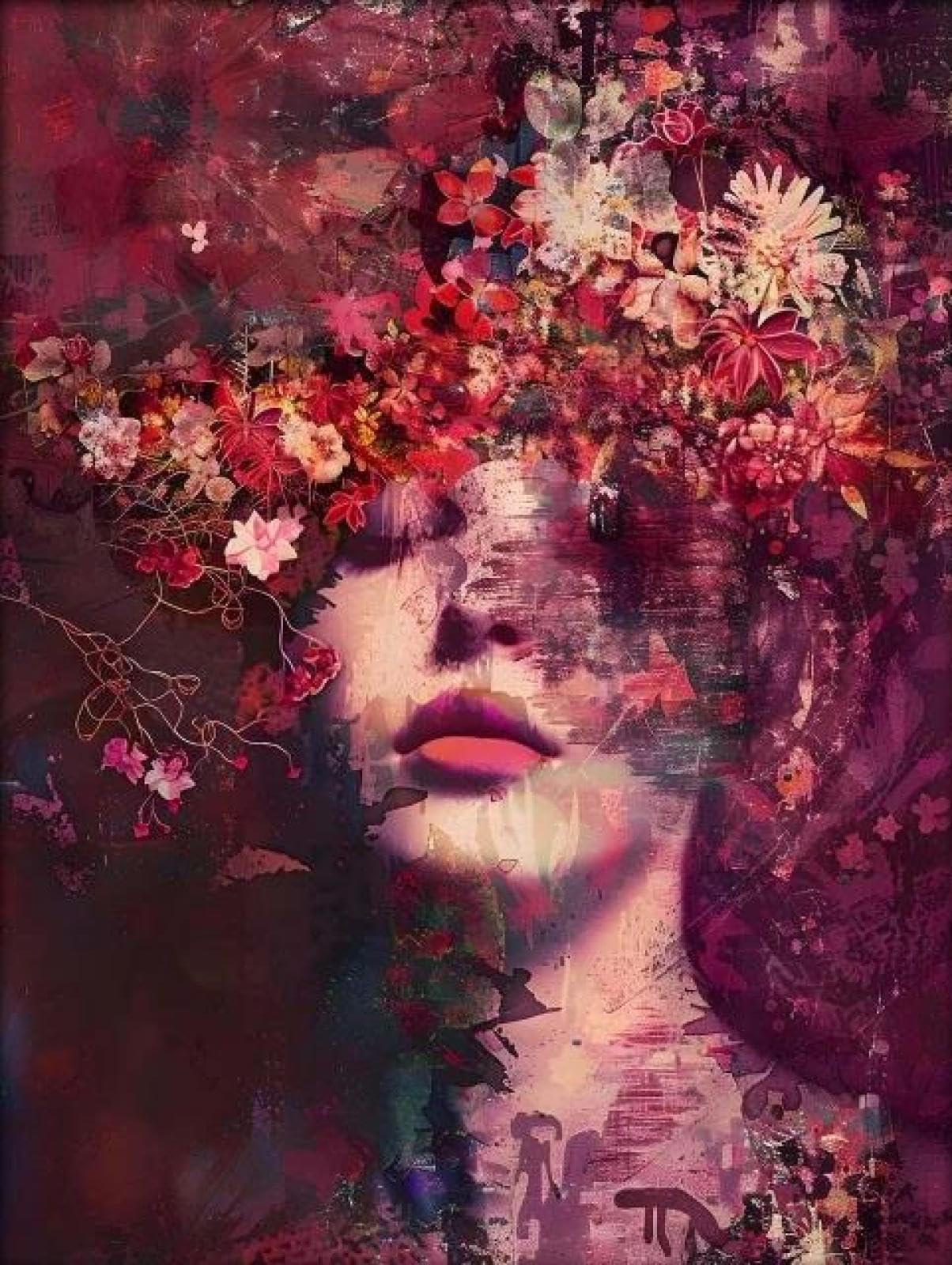 Yocheng Floral Portrait Female Poster Print Abstract Luxury Floral Face Art Canvas Painting Living Room Home Decor 40x50cm No Frame