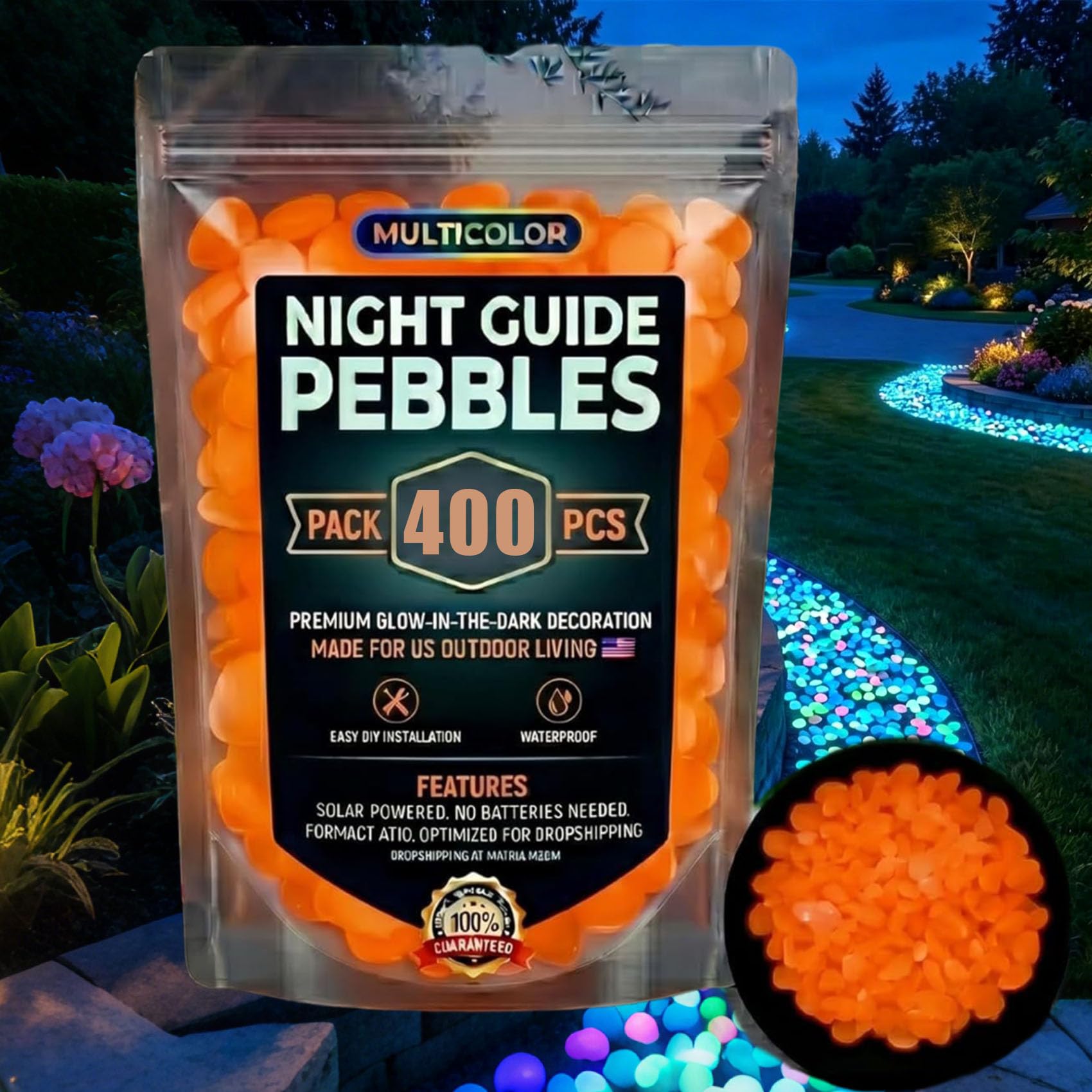 Colorful Glow-in-the-Dark Garden Stones, Luminous Pebbles for Patio, Backyard & Fish Tank Décor, Harmless to Kids and Pets, Eco Friendly Outdoor & Indoor Landscaping Decoration (Orange*400)
