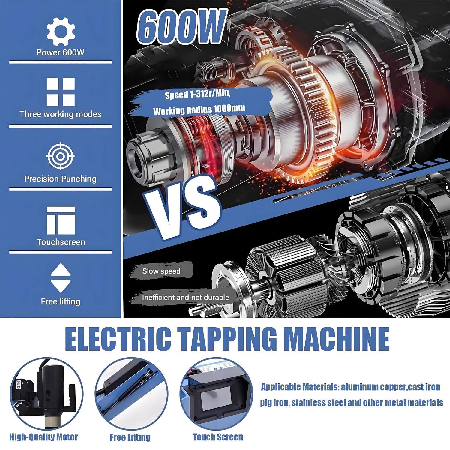 360° wielokierunkowe elektryczne ramię do gwintowania, elektryczna gwintownica, silnik o wysokim momencie obrotowym 600 W, w zestawie 5/6/8 sztuk tulei zaciskowych, do produkcji maszyn M3-12E