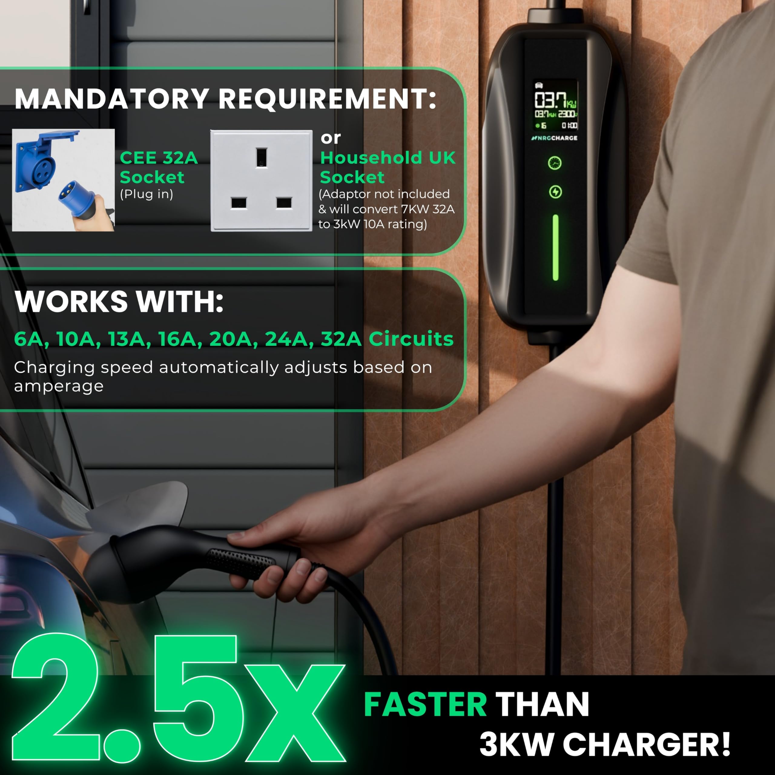 EV Charger CEE 32A Plug | Portable EV Charger Type 2, 3-7kW | Single Phase, Cabel, 6-32A | Electric Car Charger | Home Car Charger | Fast Charging, Compact, Travel-Friendly (7kW, 8 Meter) - 3