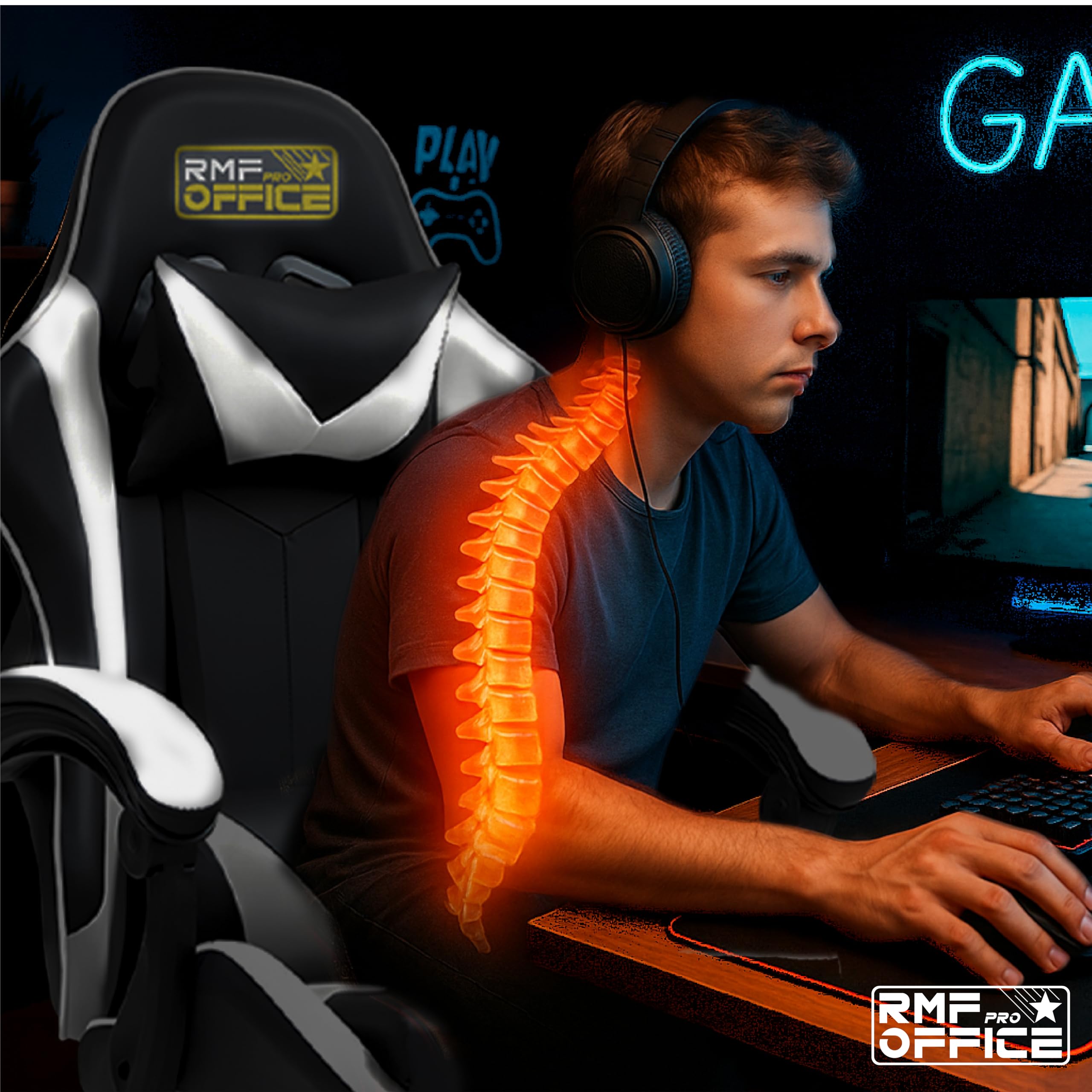 RMF Sedia Gaming Professionale Ergonomica Reclinabile, Poltrona Gaming Seduta Comoda e Rilassante con Poggiapiedi - Sedia per Gamer con Ruote Girevoli, Altezza Regolabile Bianco/Nero