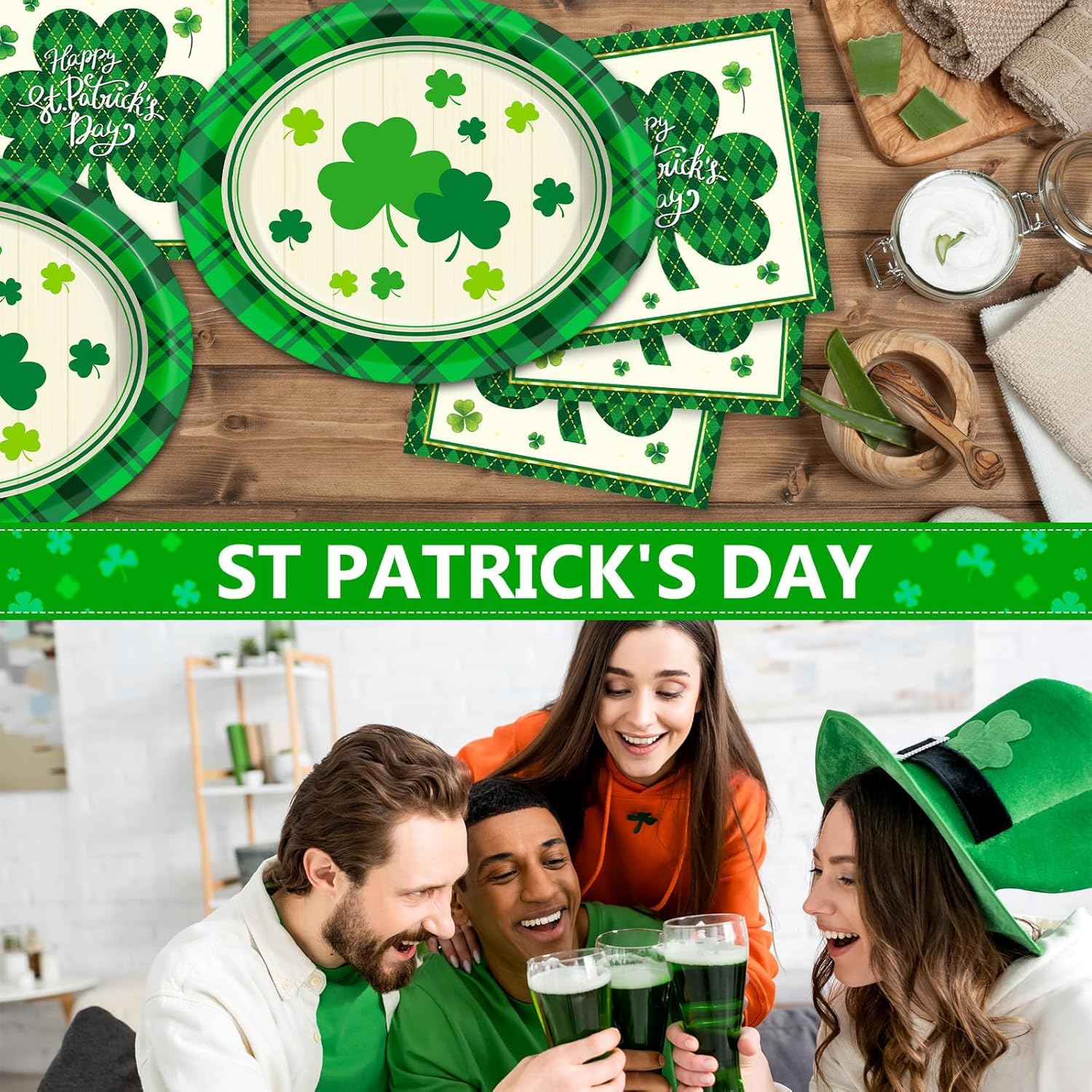 Happy St Patrick's Day Oval Paper Plates 11inch Shamrock Lucky Buffalo Plaid Plates and Napkins, Disposable Green Party Decoration Heavy Duty Spring Dish Tray Supplies Picnic Tableware, 25 Guest - Image 3