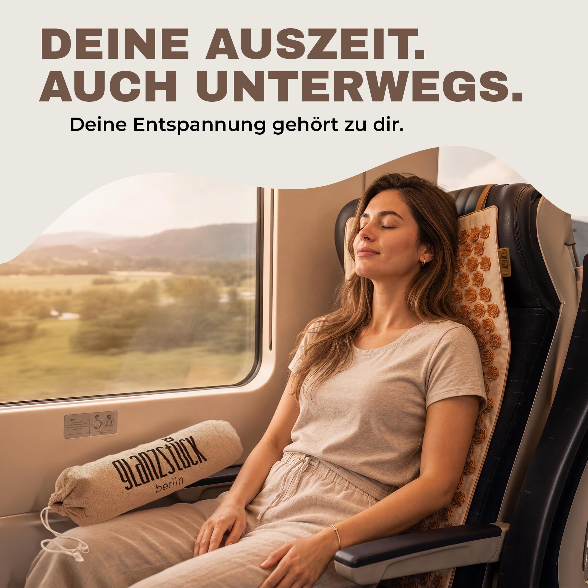 Glanzstück Berlin® Akupressurmatte To Go – rollbare Matte in voller Größe für zu Hause & unterwegs, mit Blütenspitzen & Leinentasche | Designed in Berlin