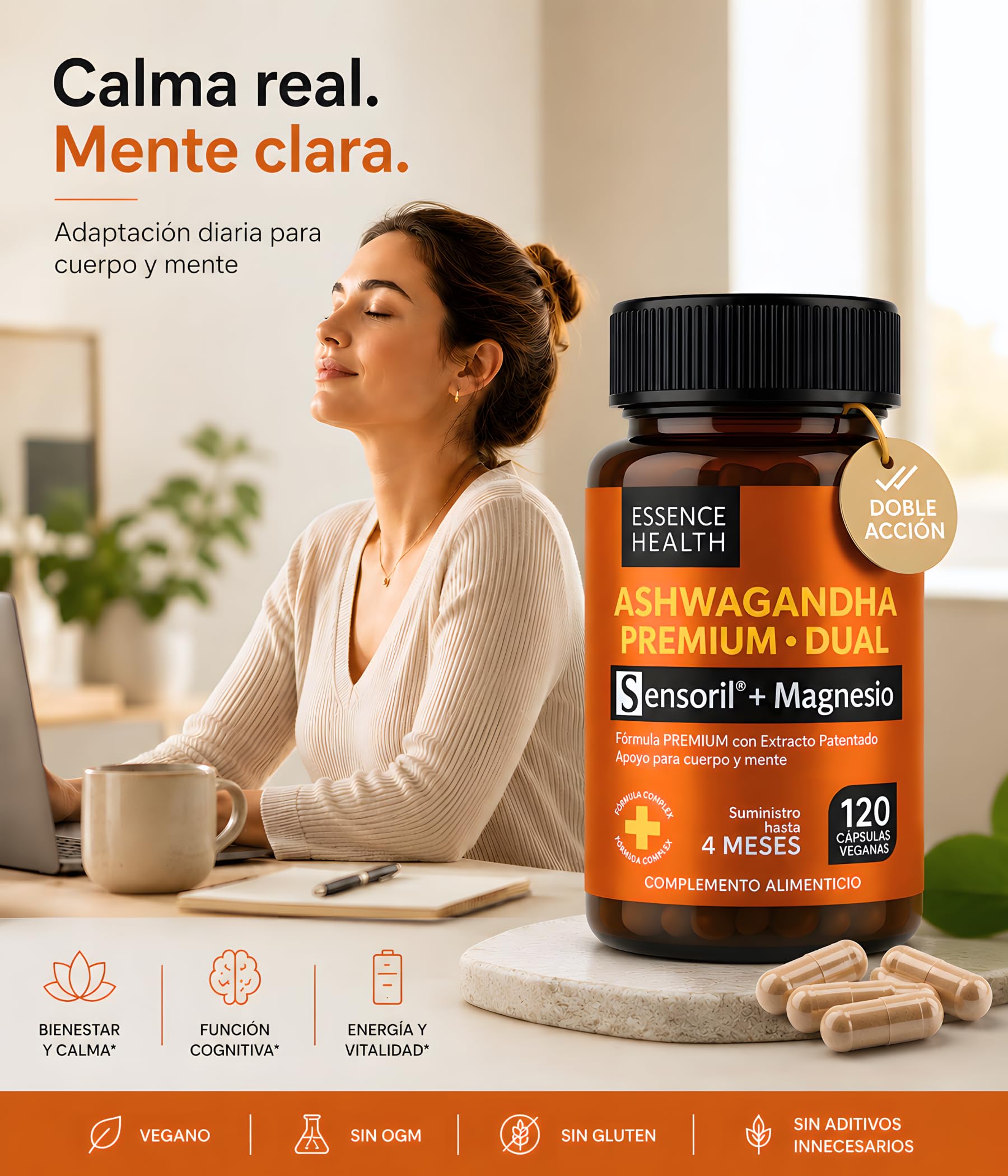 Ashwagandha Sensoril® Alta Potencia 50:1 – Extracto de Ashwagandha Adaptógena para Estrés, Ansiedad y Energía – con Magnesio para Equilibrio Mental – 120 Cápsulas Veganas