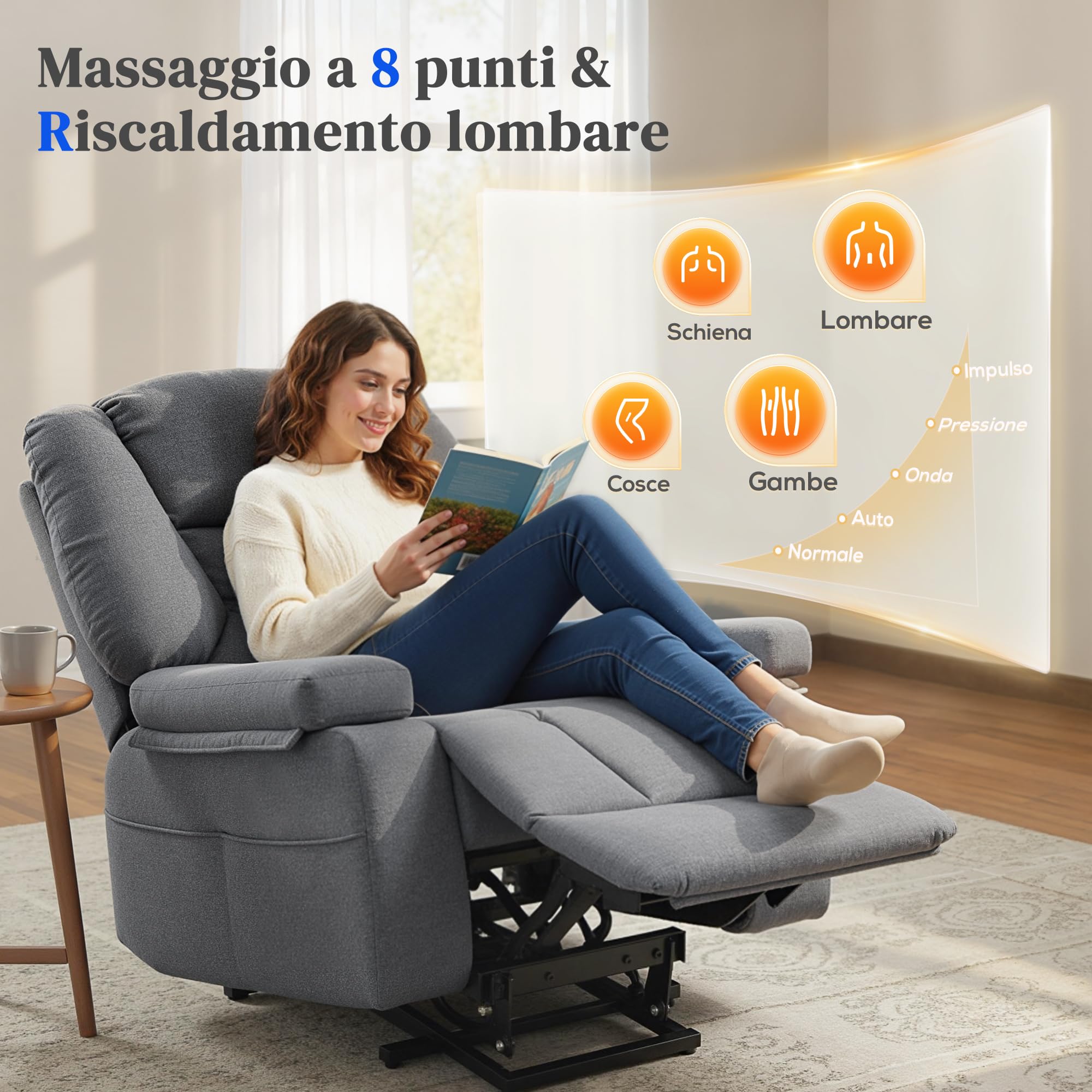 HOMCOM Poltrona Elettrica Alzapersona Reclinabile con 8 Punti Massaggio, Poltrona Relax Elettrica con Braccioli Ripiegabili, Poggiapiedi Riscaldato, Tessuto Effetto Lino, Grigio