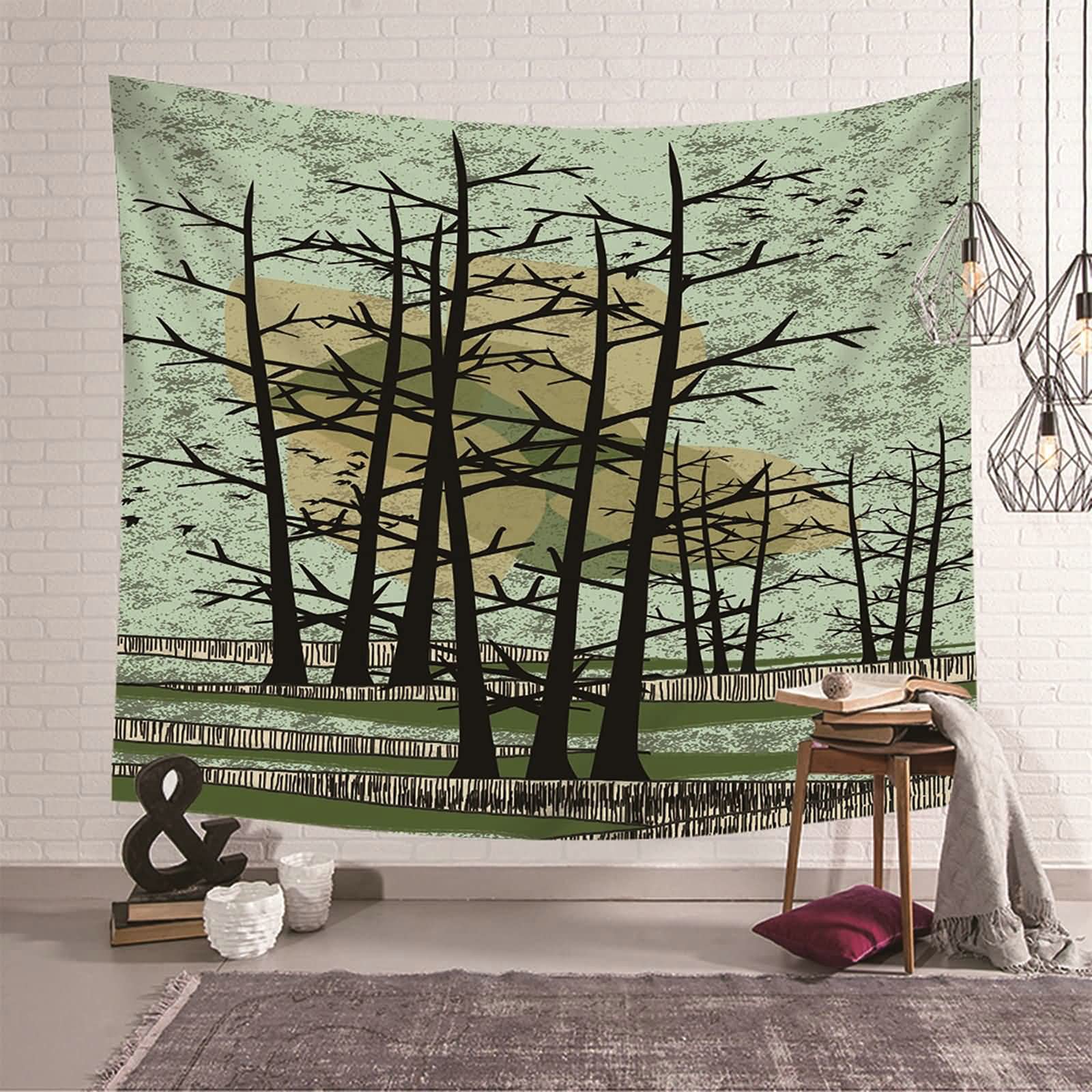 Tapiz de pared de montañas KnSam: decora tu dormitorio con árboles en verde y negro