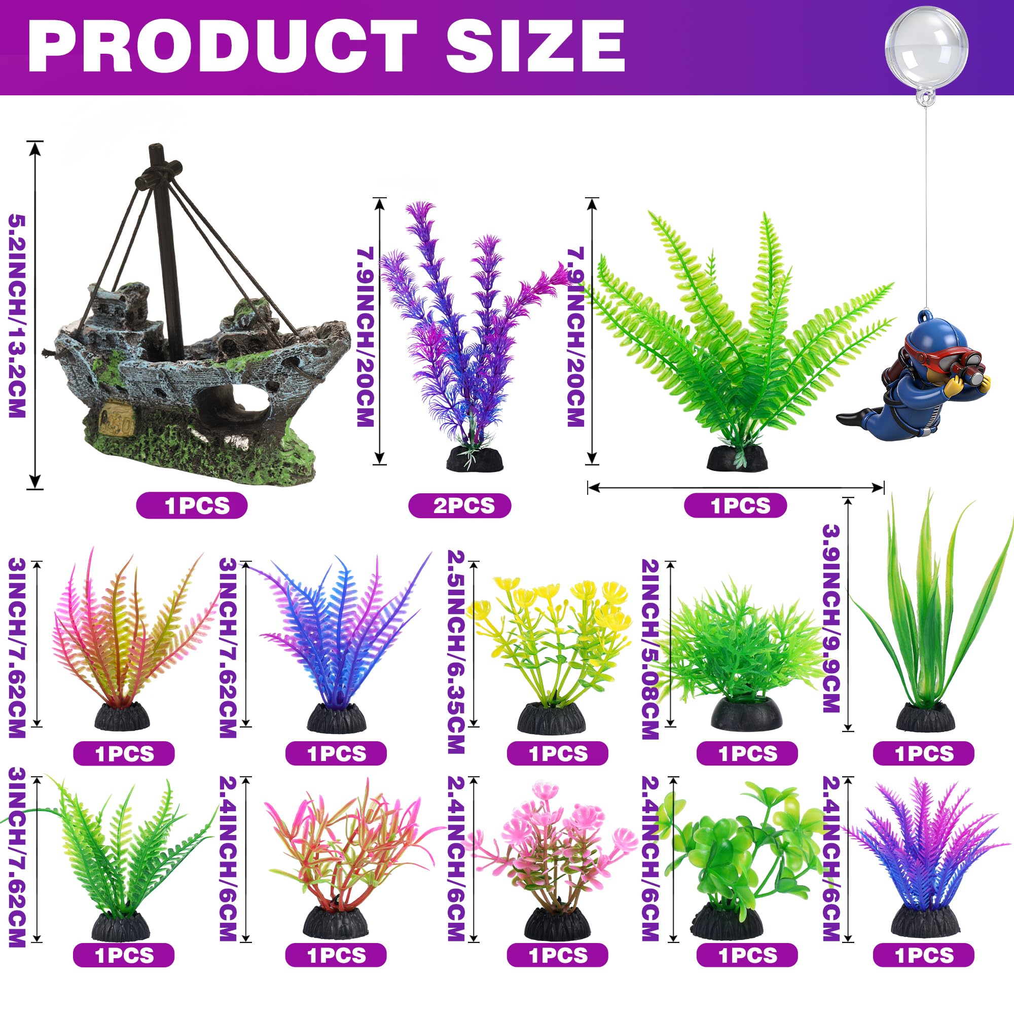 Ameliade Aquarium-Deko-Set mit Schiffswrack-Dekoration, kleiner Taucher schwimmend & 13 Wasser-Kunstpflanzen – Betta-Pflanzen & Verstecke für Aquarien und kleines Aquarium-Zubehör