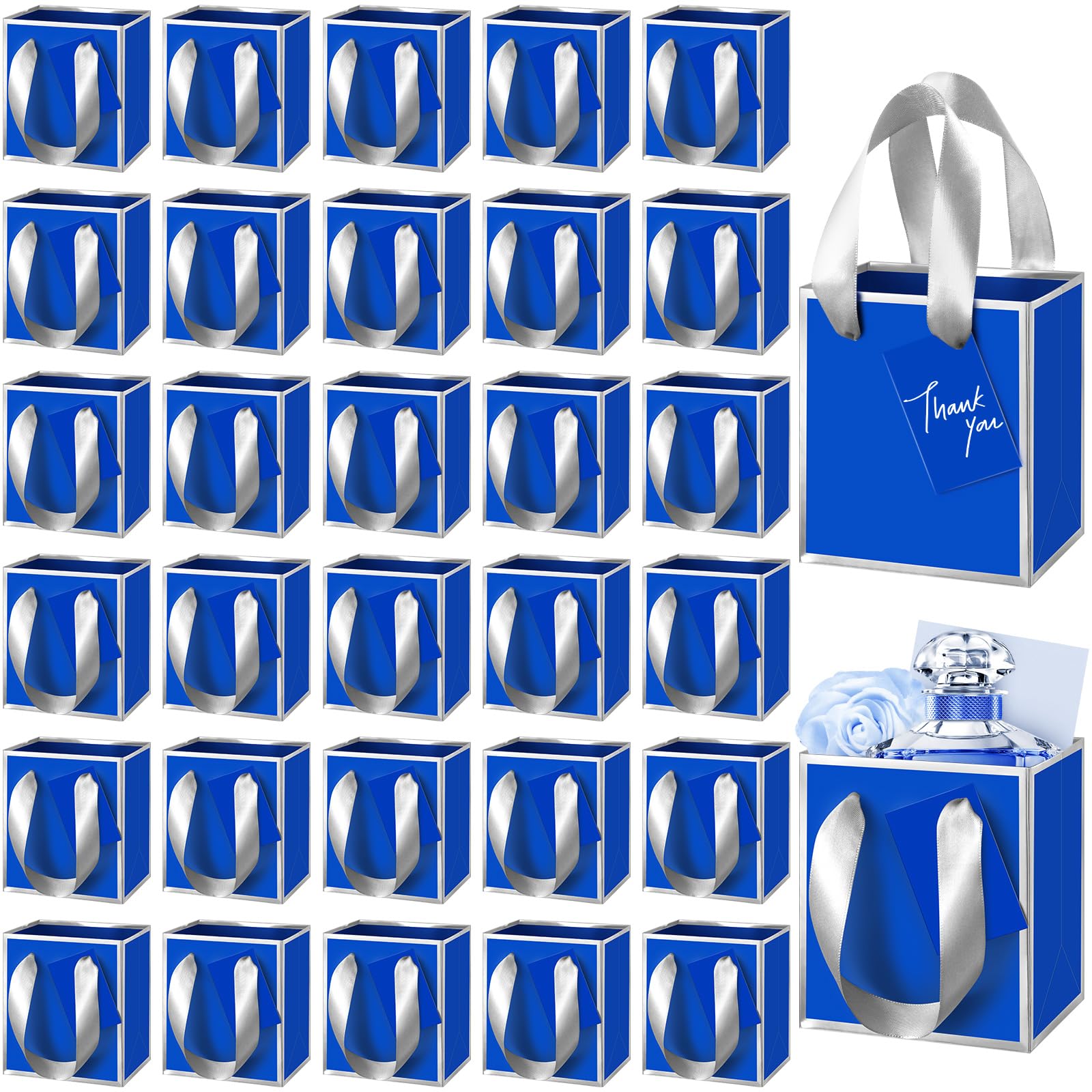 Yeaqee 50 Pcs Mini Metallic Paper Gift Bags with Handles 4x2.75x4.5'' Tiny Small Gift Bags with Thank You Tag for Christmas Wedding Birthday Welcome Return Gifts Small Business (Royal Blue, Silver)