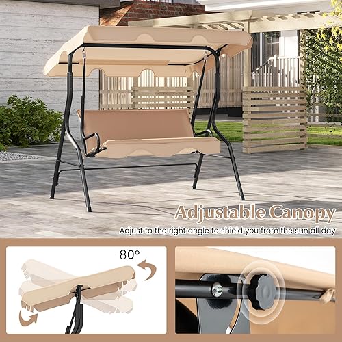 Miniatura 4 de RELAX4LIFE Silla columpio para porche para 3 personas, columpio para exteriores con toldo ajustable, cojín extraíble y soporte de marco de metal,