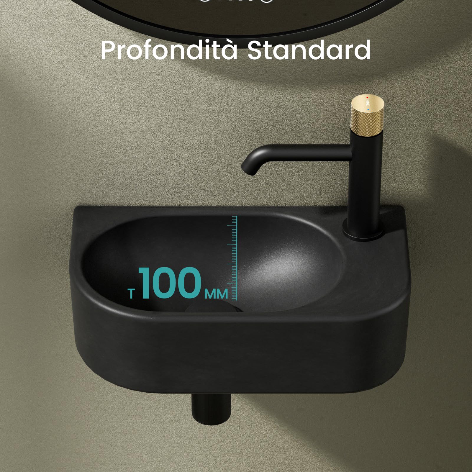 EMKE Lavamano Sospeso 40 x 21,5 x 12 cm, Lavandino Nero Opaco Rettangolare per Bagno Piccolo e WC, Mini Lavabo a Parete con Rubinetto a Destra - Senza Rubinetto e Piletta