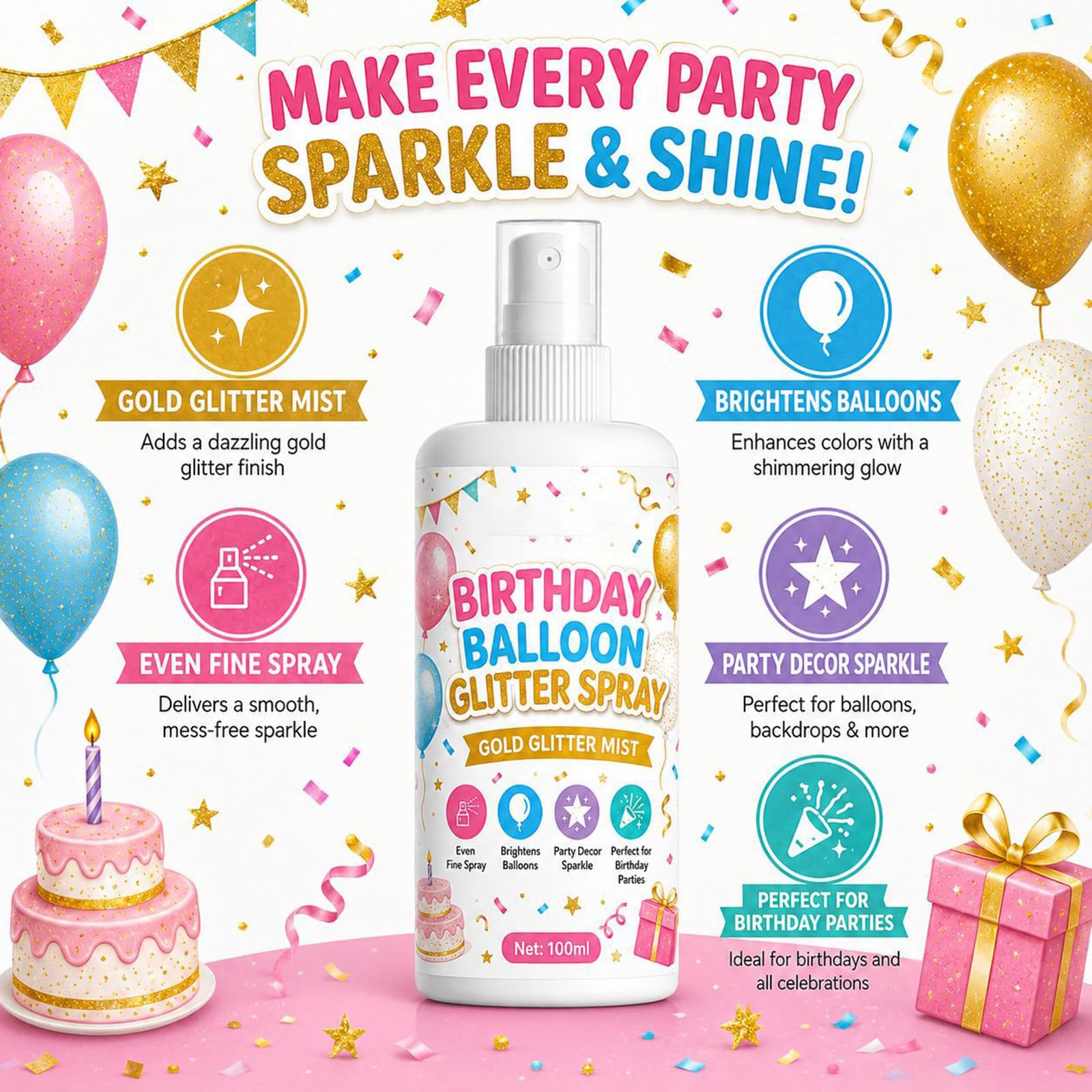 Spray glitter oro per palloncini con polvere scintillante lucida, nebbia scintillante istantanea con brillantini dorati per decorazioni per feste, spray brillante fine per palloncini (6pcs)