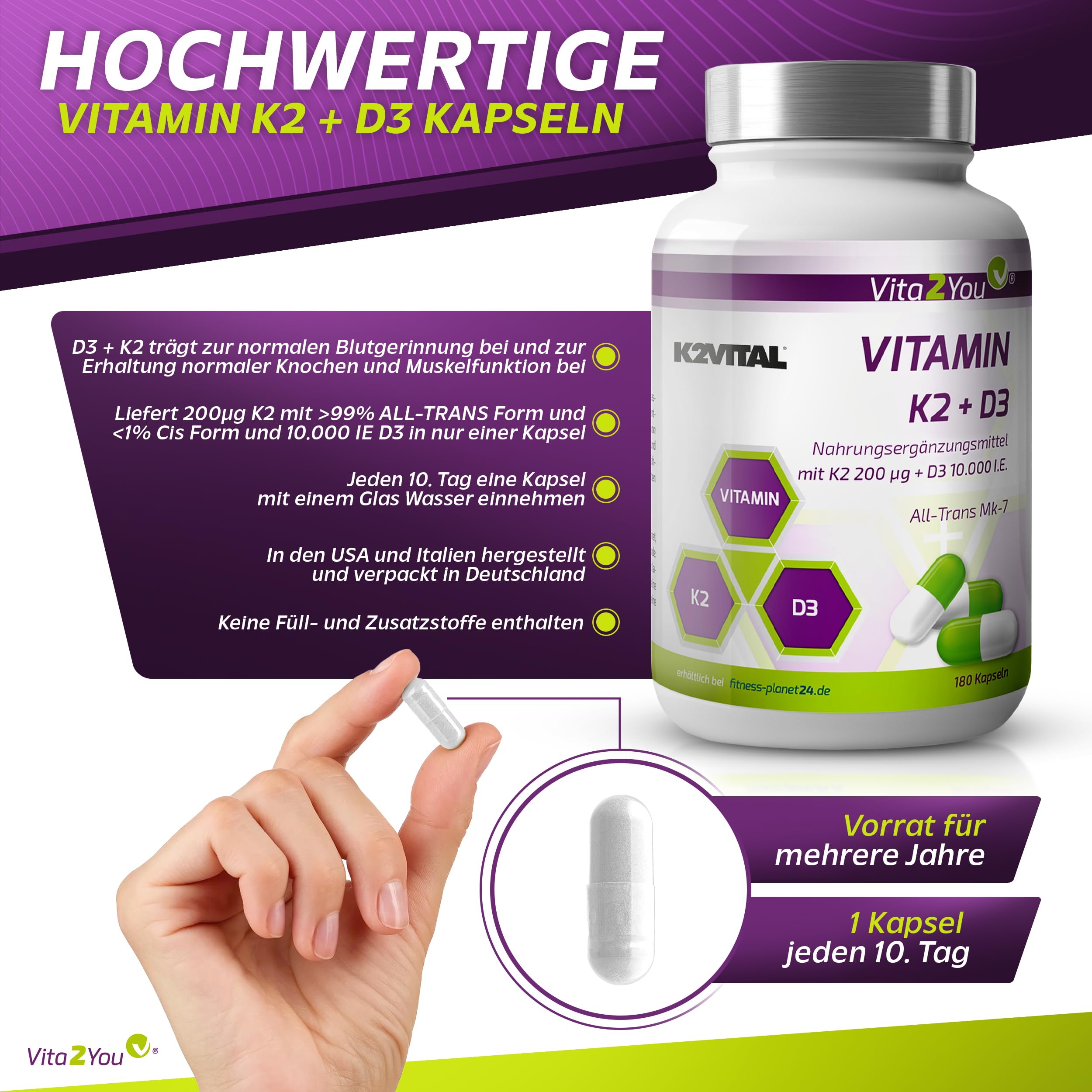 Vita2You Vitamin D3 + K2-180 Kapseln - Vitamin D3 10.000 IE + Vitamin K2 (MK-7) 200µg - Original K2VITAL® von Kappa - Premium Qualität