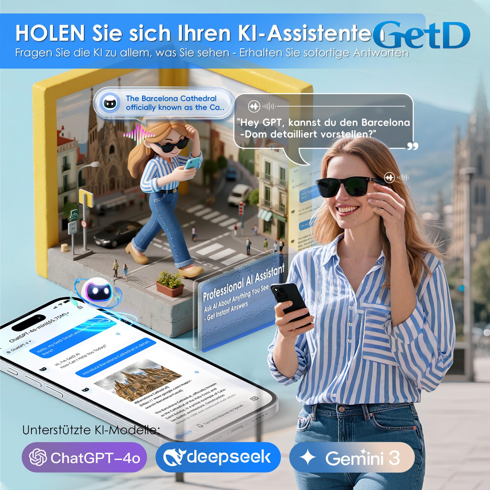 GetD Occhiali Intelligenti, Occhiali Audio Bluetooth Open-Ear con Altoparlante e Doppio Microfono, Occhiali da Sole Polarizzati TAC per Uomini e Donne, TR90 Telaio Nero (Lenti Verde)