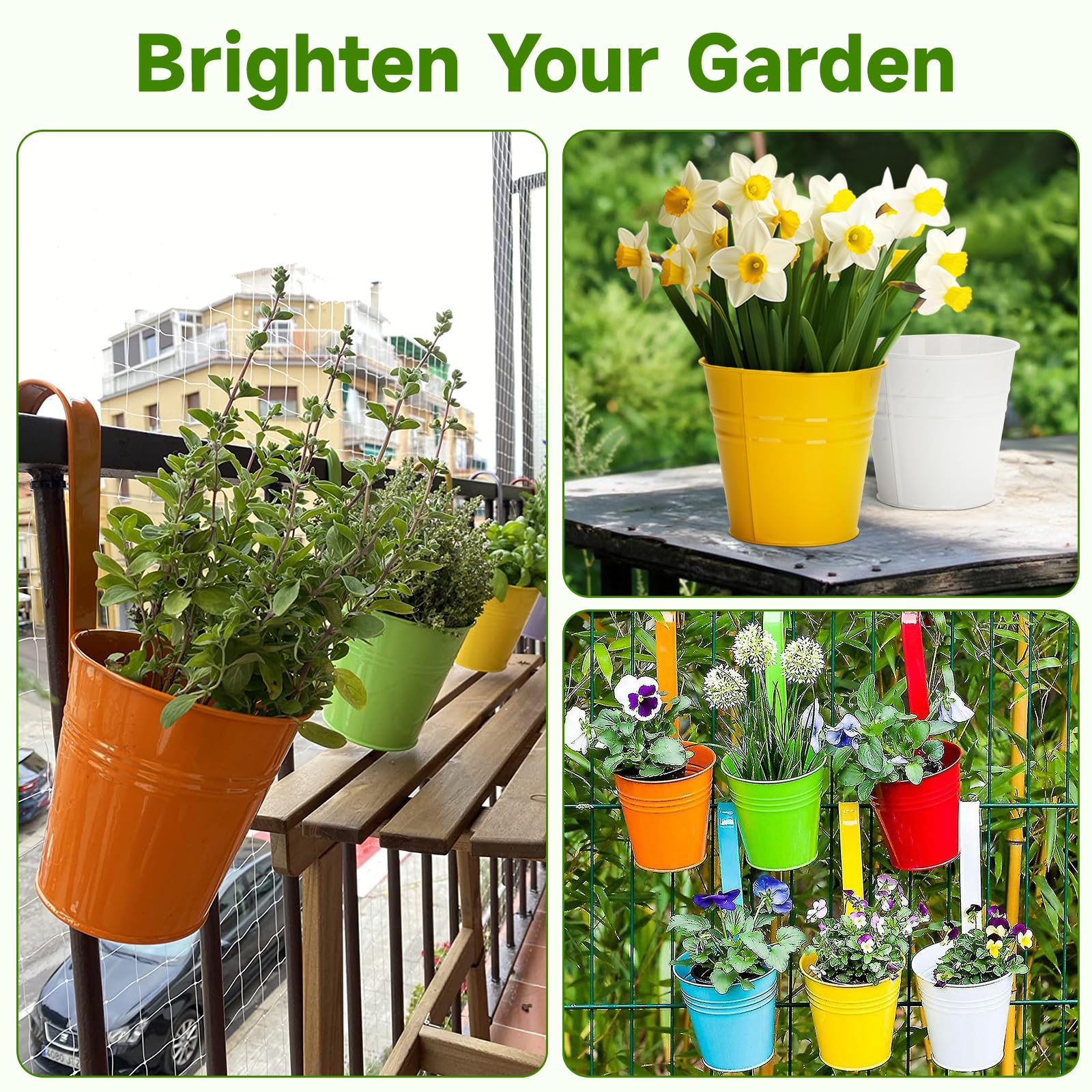 KINGLAKE 10 pièces 16cm Pots de Fleurs en métal à Suspendre, Pot Fleur Suspendre Metal pour intérieur extérieur Balcon clôture - avec Crochet Amovibles-10 Couleur