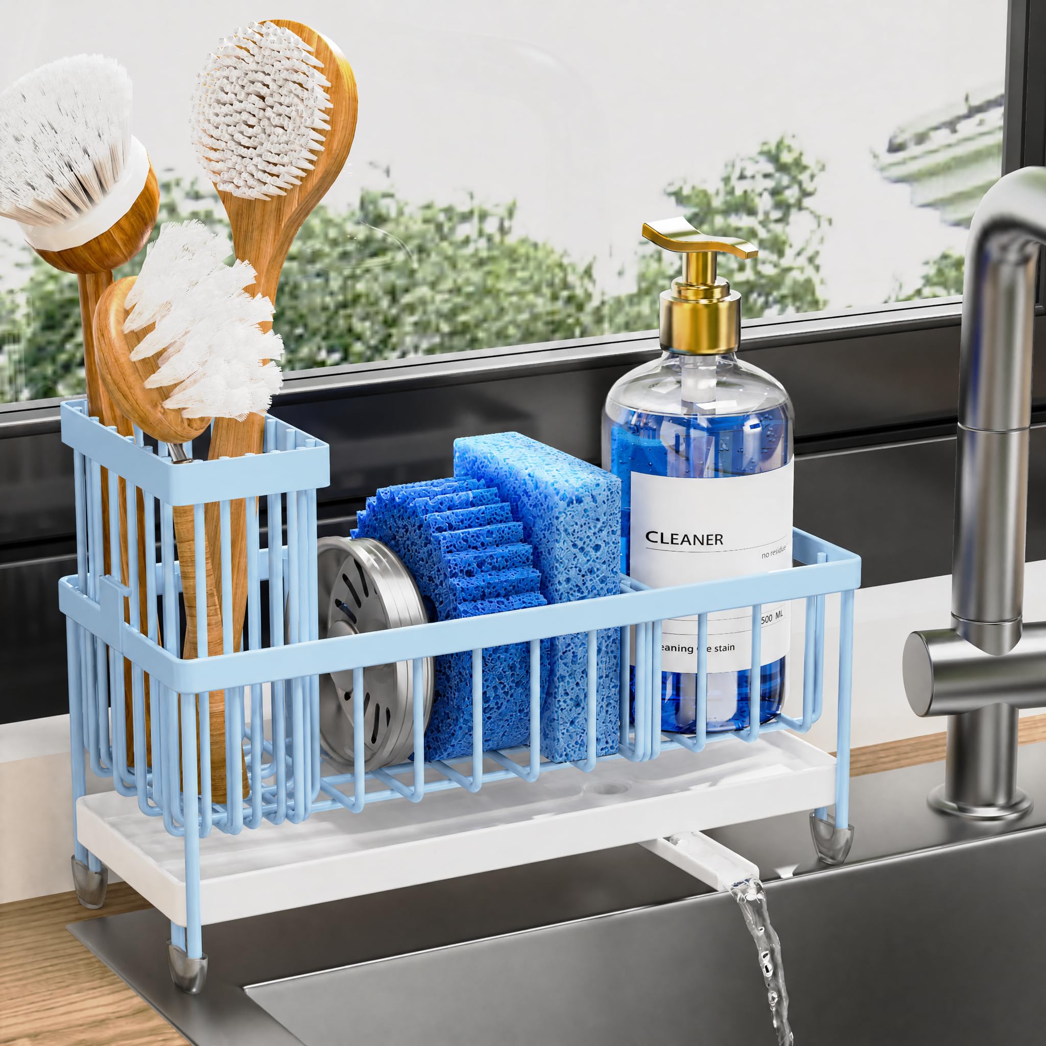 Cisily Sponge Holder for Kitchen Sink, Sink Caddy Organizer with High Brush Holder, Kitchen Countertop Organizers and Storage Essentials, Rustproof 304 Stainless Steel (Blue, 9.25″)