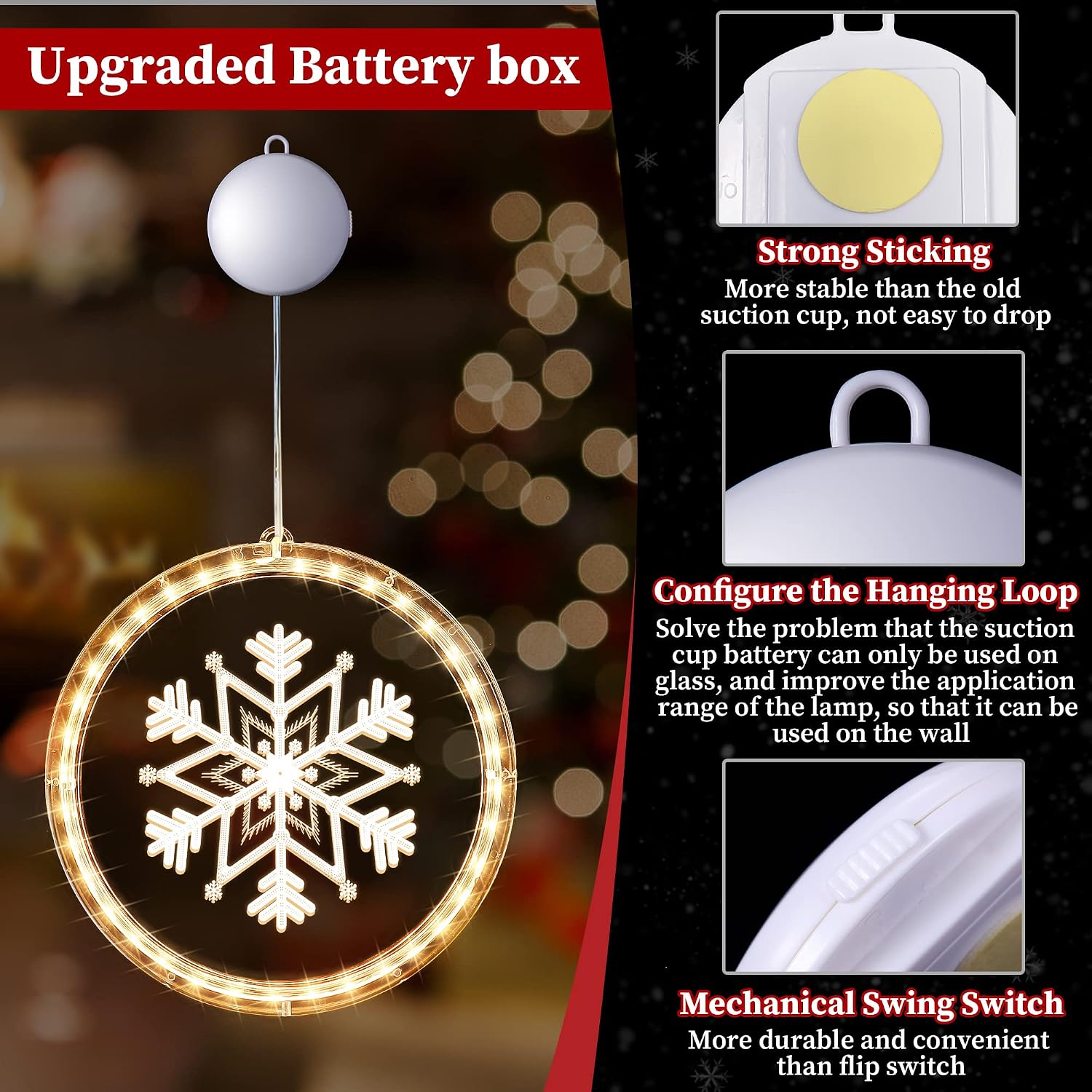 Christmas Window Lights Decorations, Enlarged LED Christmas Light for Windows Outdoor Indoor Decorations Hanging 3D Lights Battery Operated for Fireplace Christmas Tree Bedroom Decor (Snowflake)