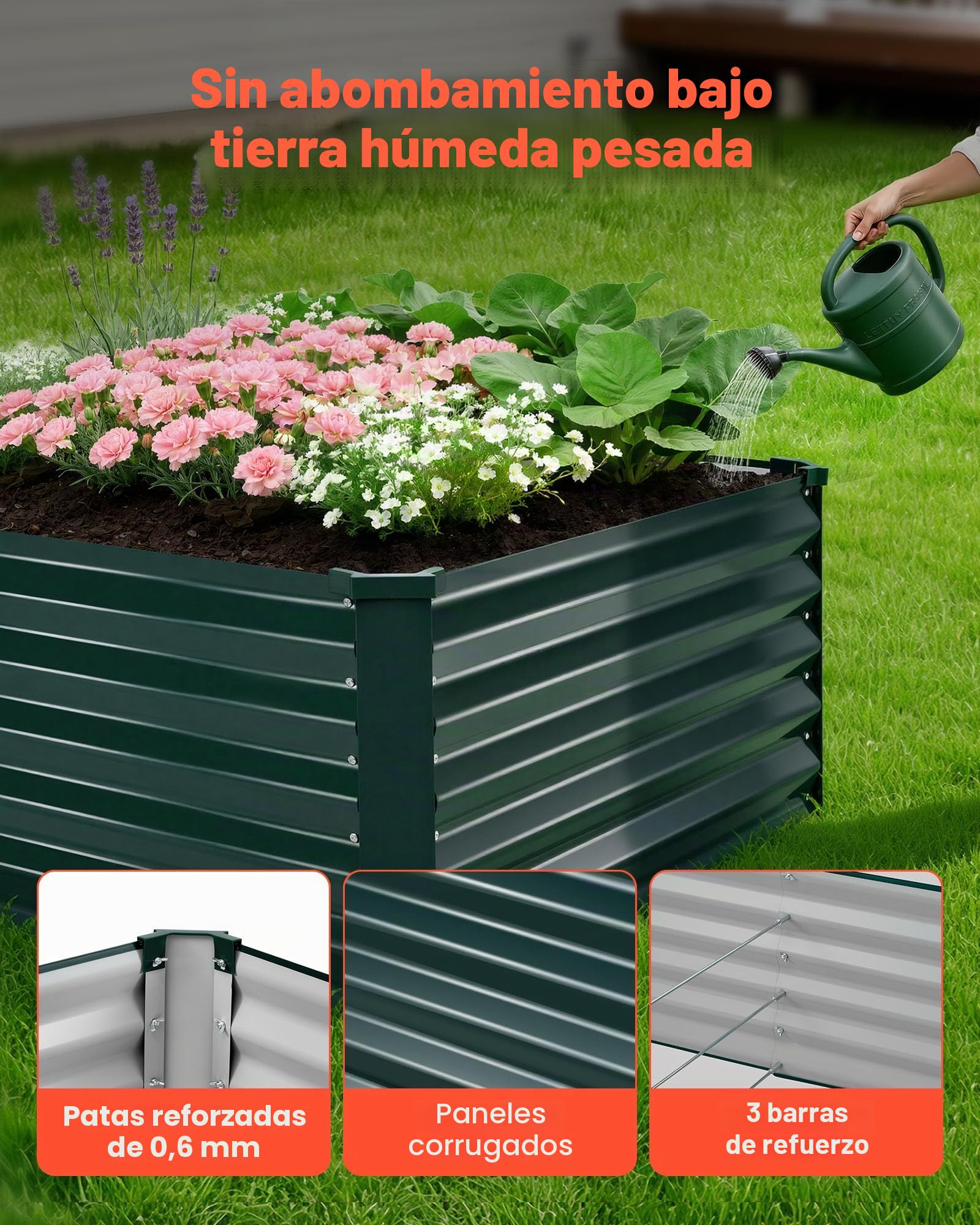 VEVOR Cama Elevada de Jardín 203 x 102 x 46 cm Rectangular, Arriate de Jardín de Metal con Fondo Abierto, para Cultivo de Flores Plantas Verduras con Accesorios para Patio Balcón, Verde Oscuro