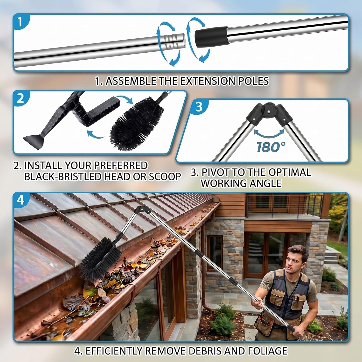 13FT Gutter Cleaning Tool – No Ladder Needed, 180° Swivel Head