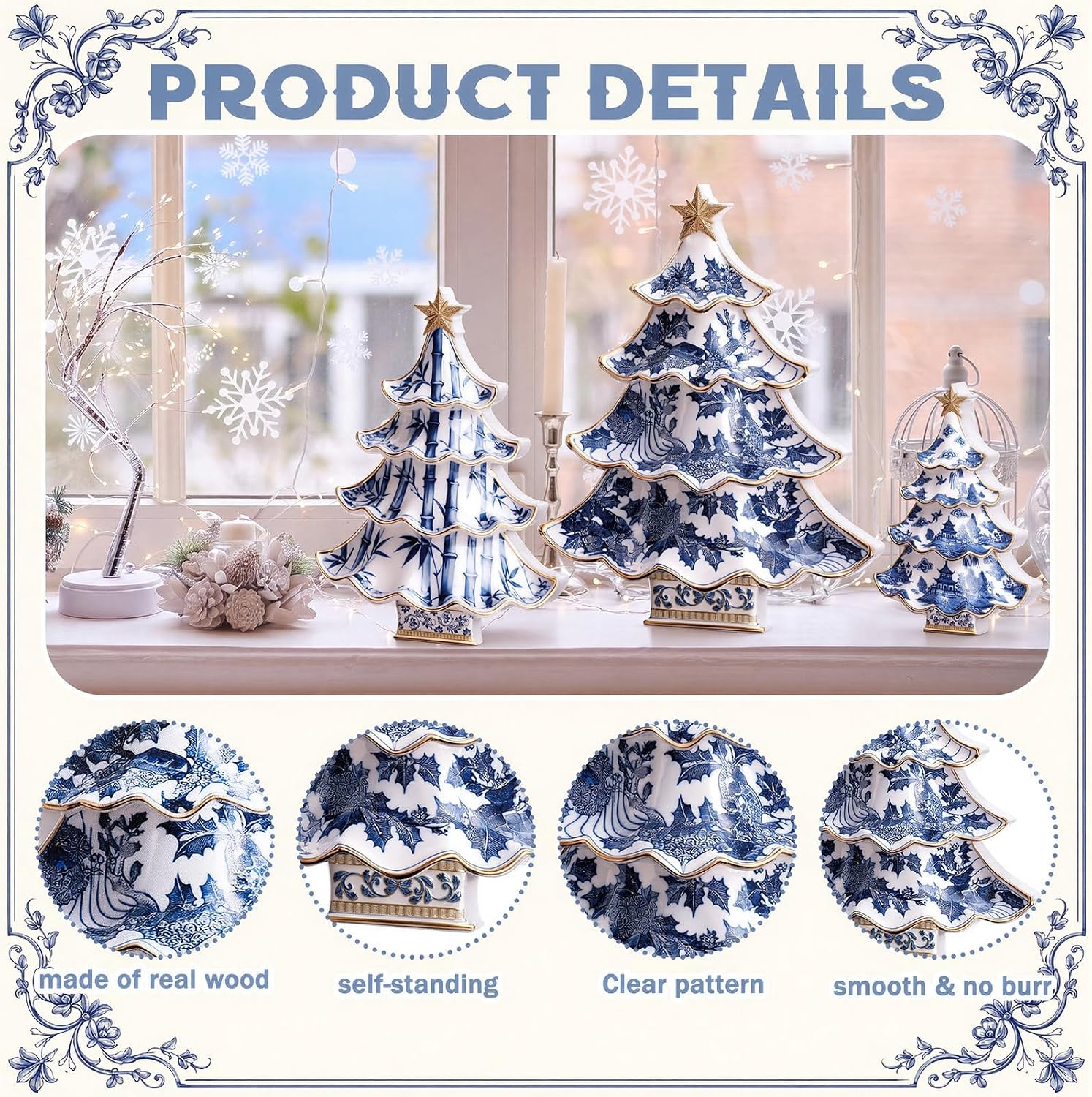 3 Pcs Chinoiserie Christmas Tree Decor Blue White Wood Decoration | Chinoiserie Tabletop Decorations, Scalloped Gold Trim Xmas Trees Tabletop Centerpiece, for Table Fireplace Shelf Home Decor