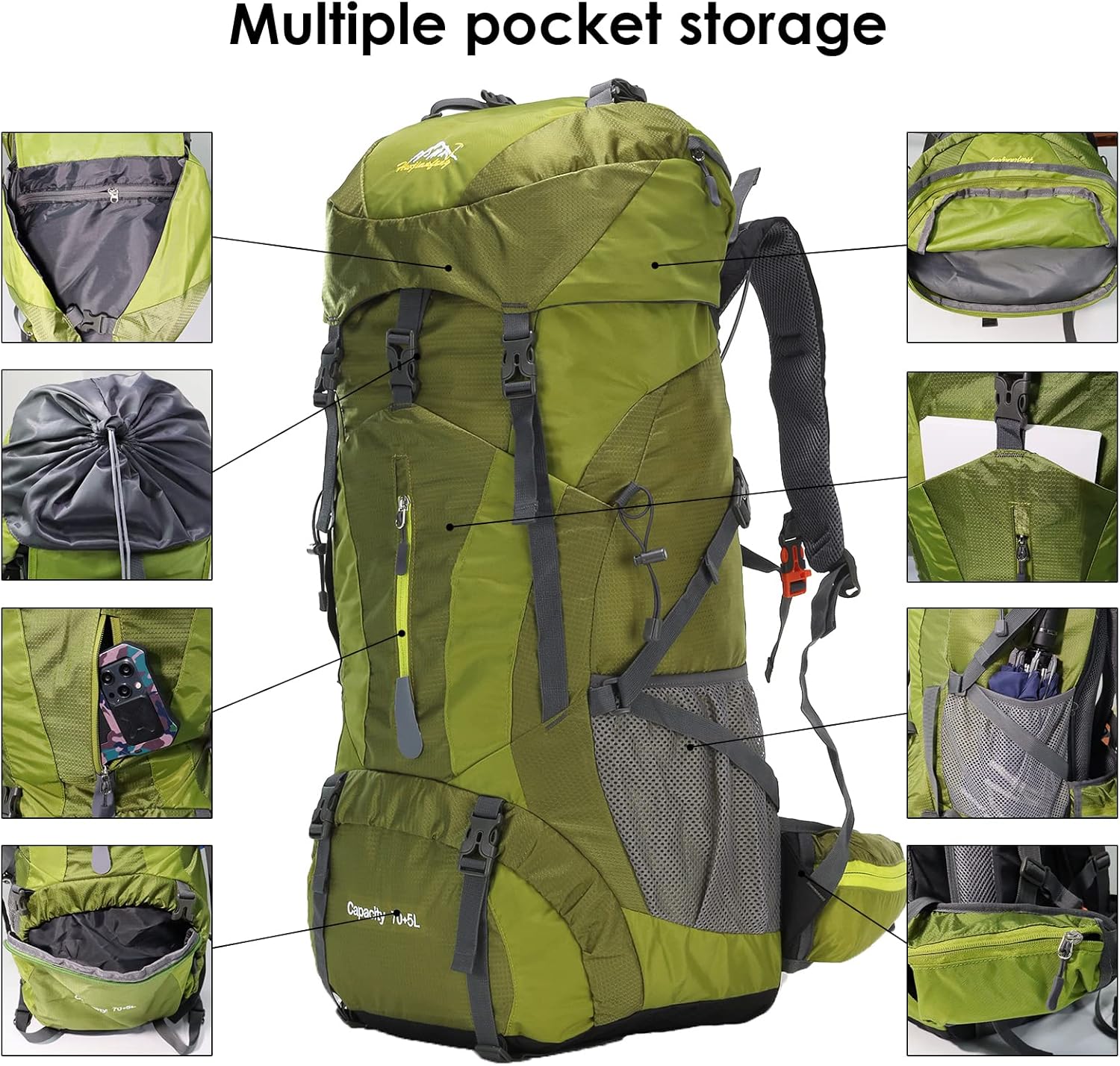 WintMing 75L Hiking Backpack with Rain Cover Waterproof Camping Backpack Shoes Warehouse for Men Women, No Internal Frame (Olive Green)