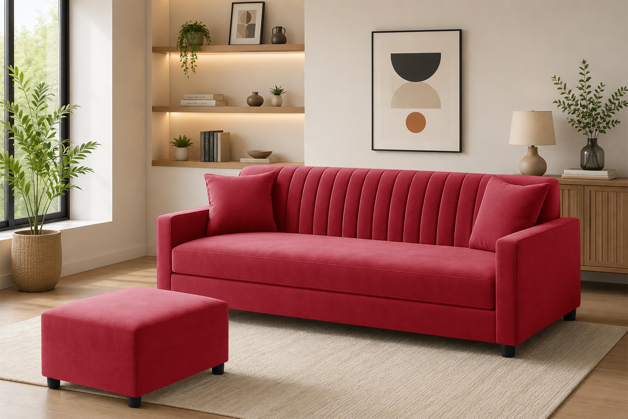 Deco Studio Modern 3-Seater Wooden Sofa Set with Ottoman, Soft Velvet Upholstery, Comfortable Couch for Living Room, Office & Apartment - Red Color