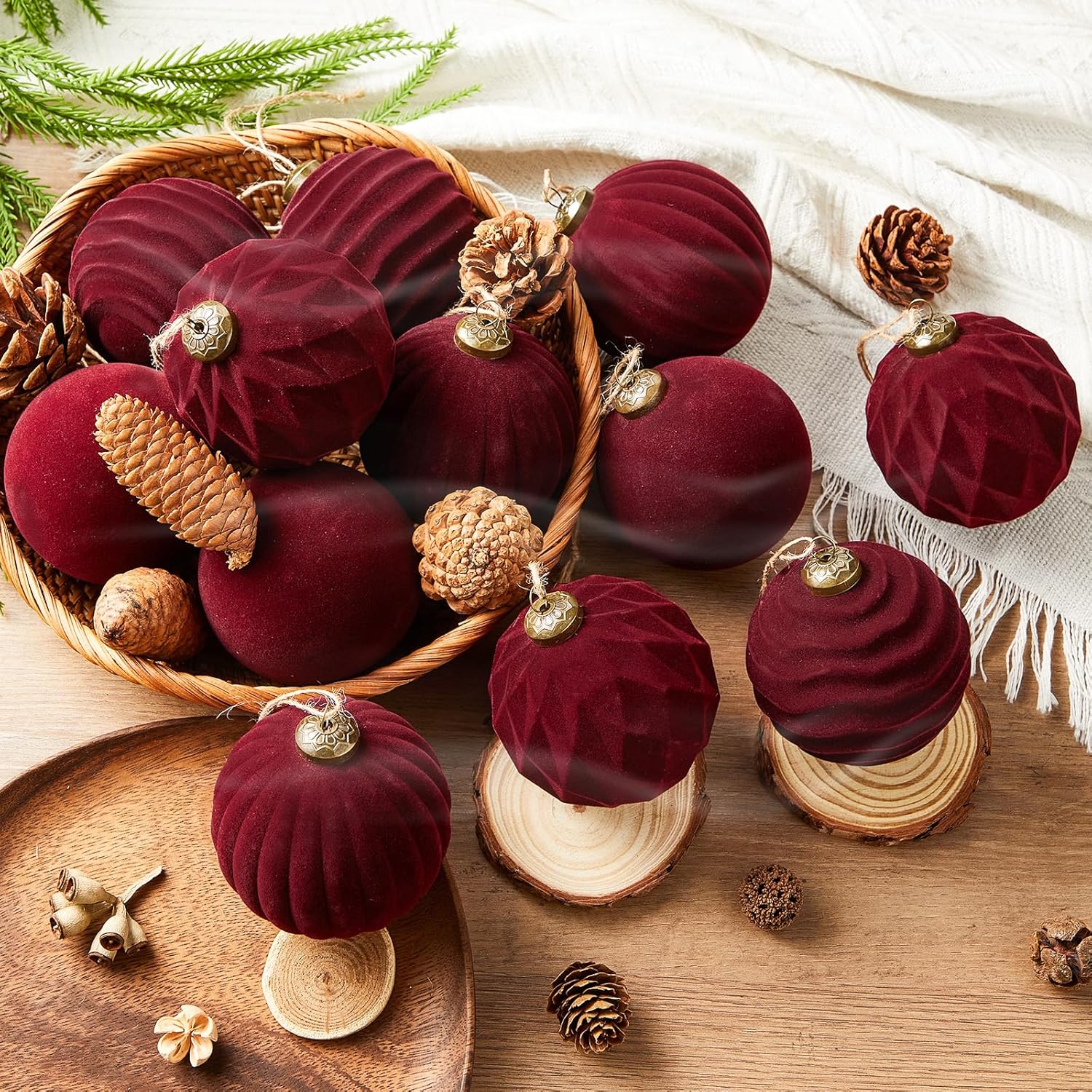 12 Pcs Light Scented Velvet Christmas Balls Bulk Winter Fir Scent Flocked Christmas Tree Ball Ornaments Hanging Baubles for Xmas Holiday Home Gift Yard Decor (Burgundy 3.15 Inch)