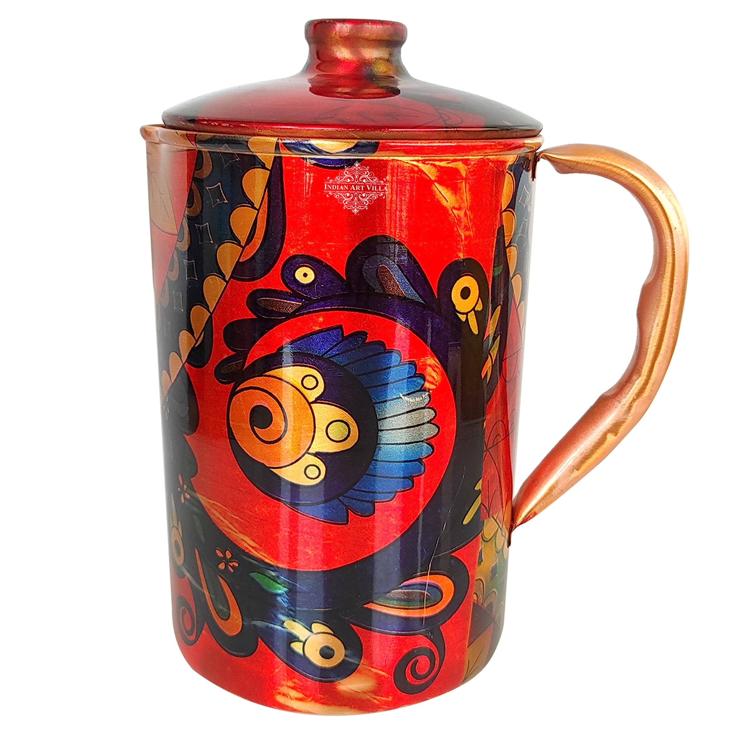 Indian Art Villa Pure Copper Jug With Red Leaf Abstract Print, Serveware & Drinkware, Volume-67 Oz