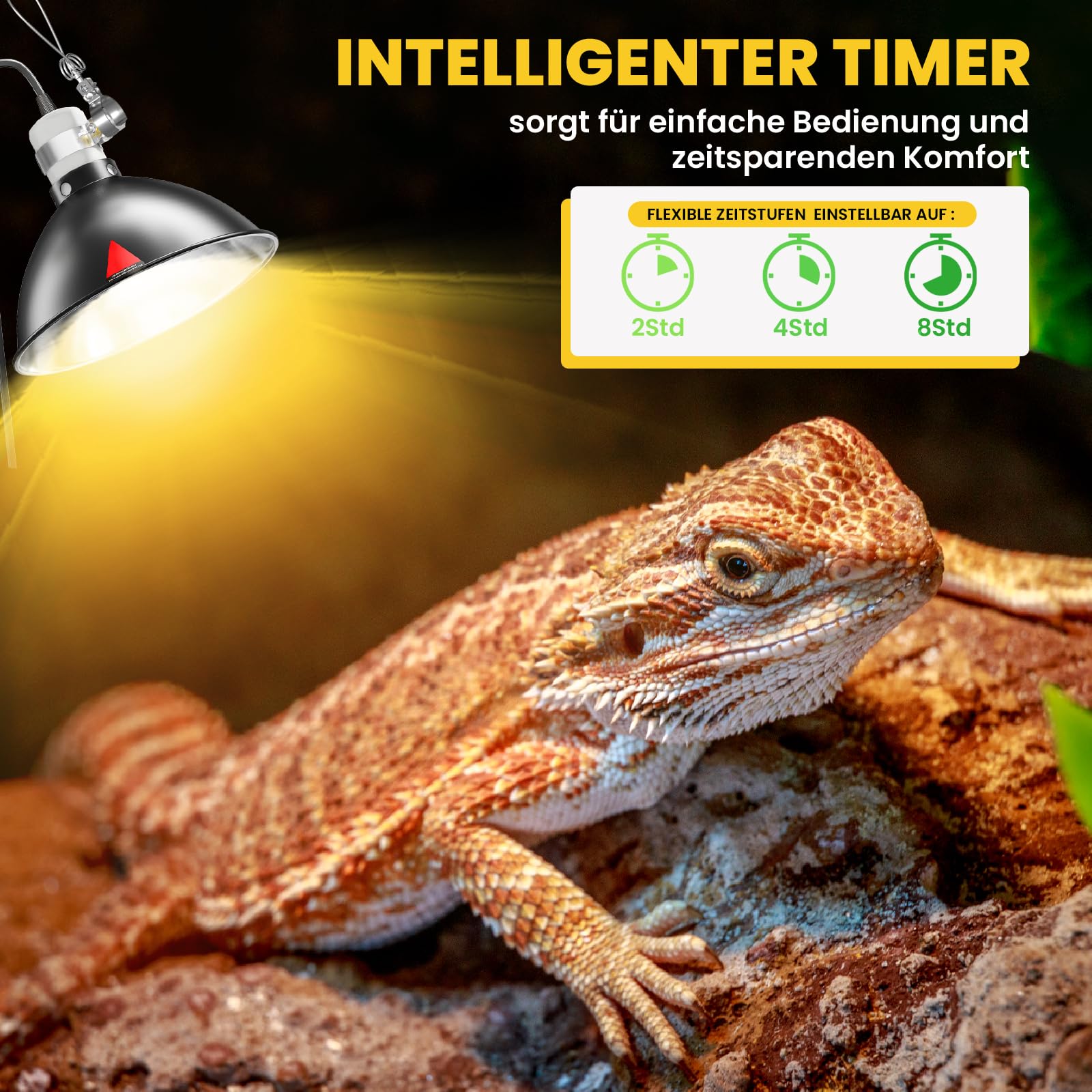 Wärmelampe Schildkröten, 200w Wärmelampe mit Timer für Schildkröten, 8,5 Zoll Terrarien lampe dimmbar, Reptilien Reflektor mit Klemmbefestigung