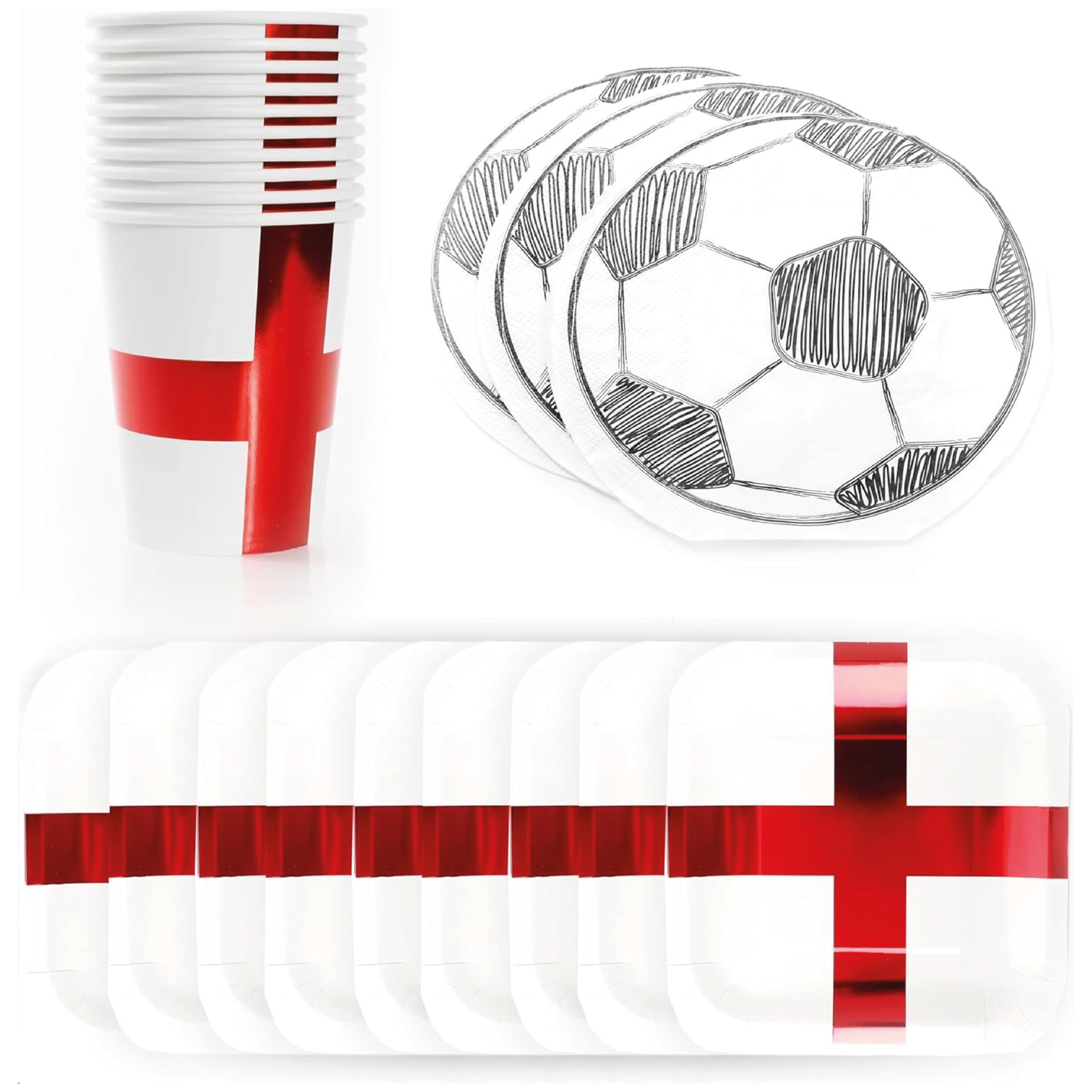 I LOVE FANCY DRESS England Football Party Set - 80pc Set - England Flag Square Paper Plates, England Flag Paper Cups and Football Shaped Napkins - English Sport Supporters Party Tableware Set