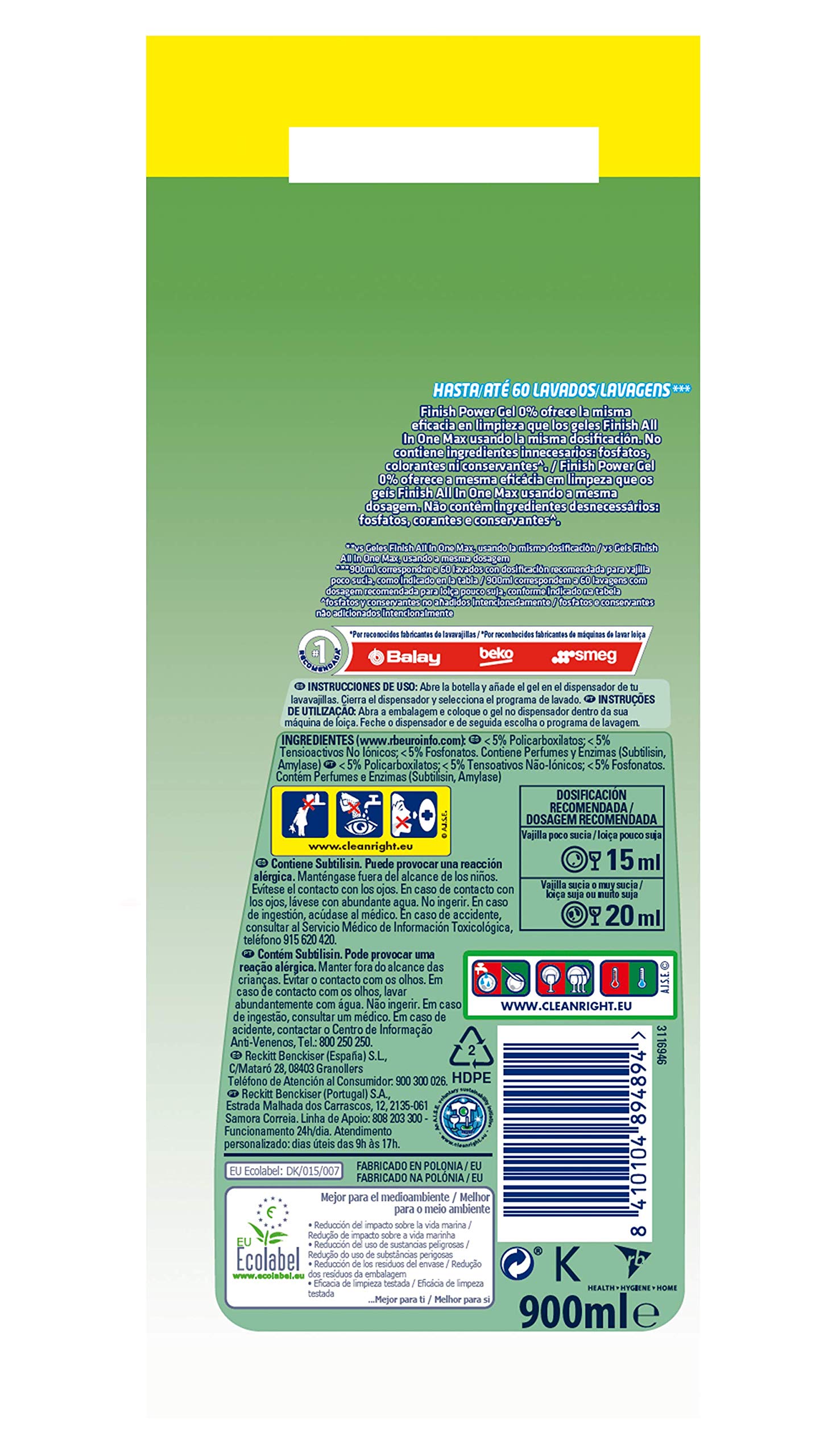 Finish 0% Gel Detergente para Lavavajillas, Certificado Ecológico - 60 Dosis